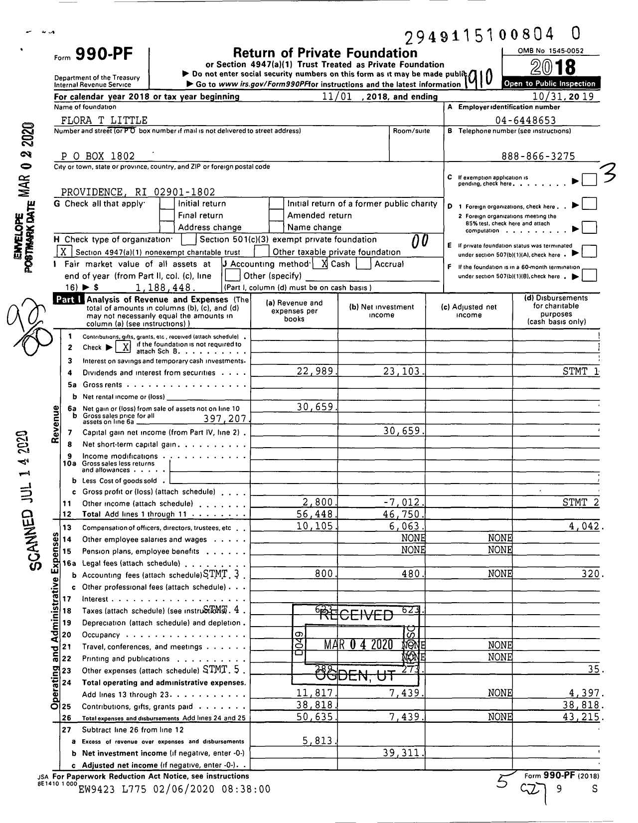 Image of first page of 2018 Form 990PR for Flora T Little