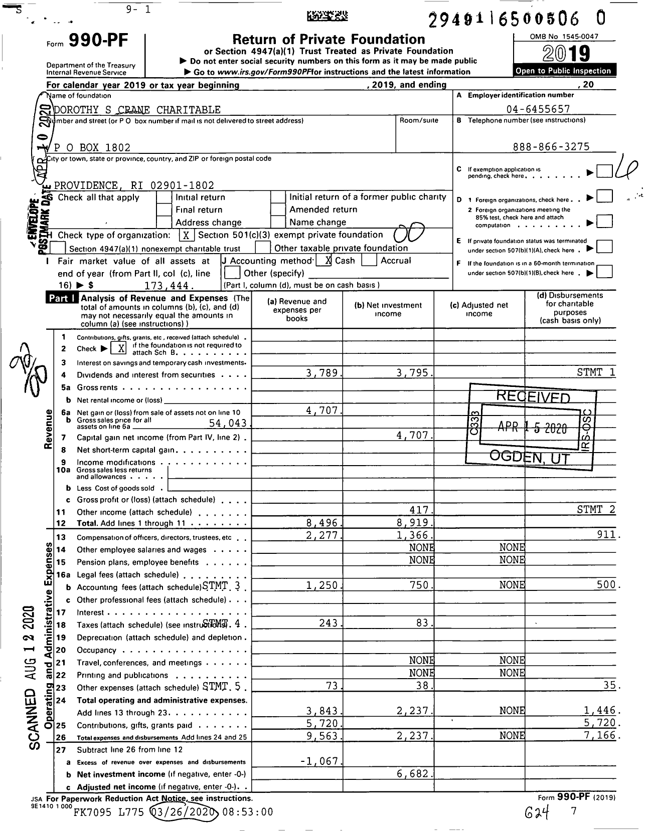 Image of first page of 2019 Form 990PR for Dorothy S Crane Charitable