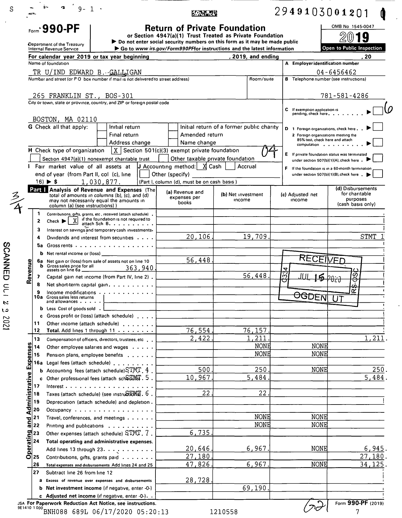 Image of first page of 2019 Form 990PF for TR Uind Edward B Galligan