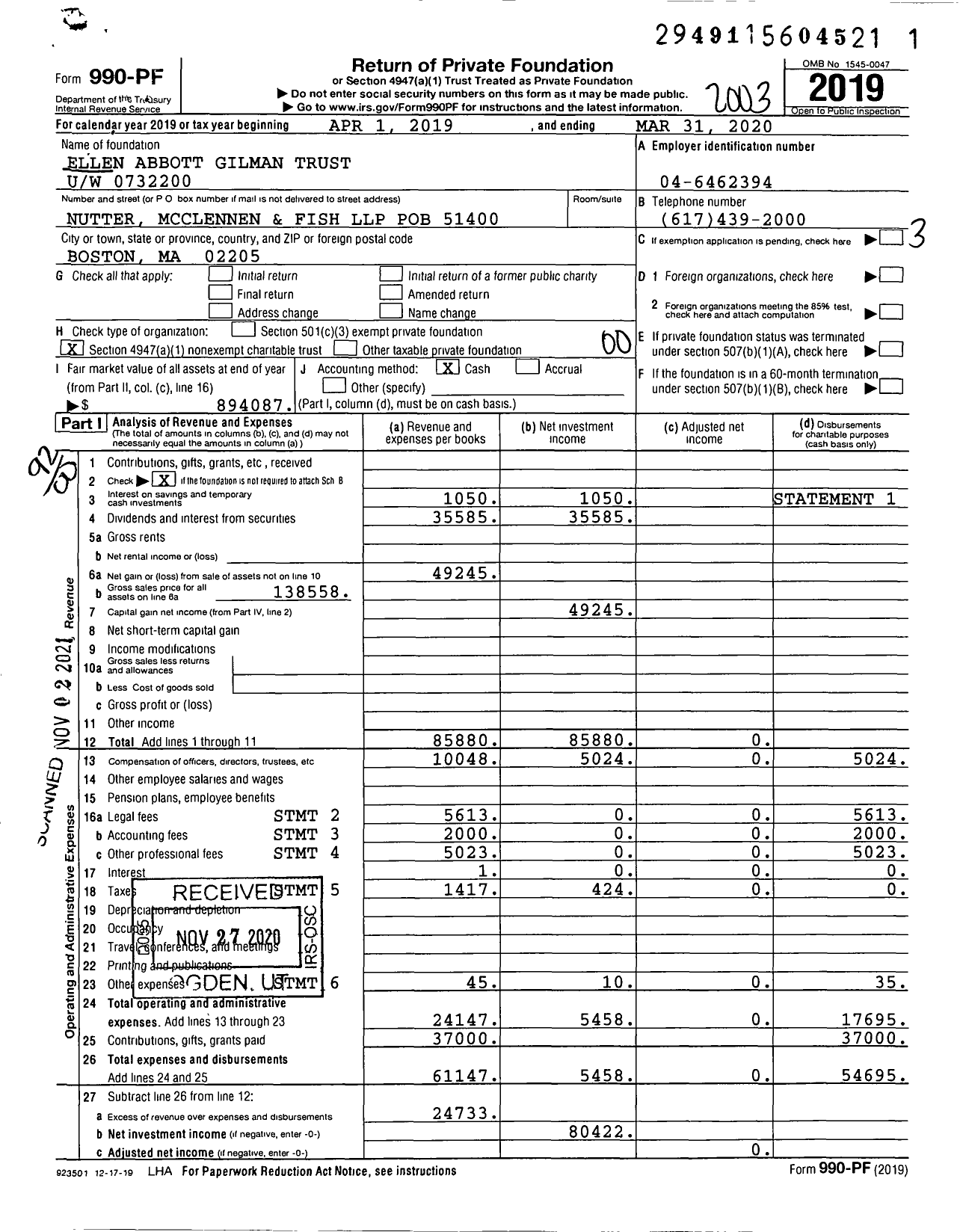 Image of first page of 2019 Form 990PF for Ellen Abbott Gilman Trust Uw / W 0732200