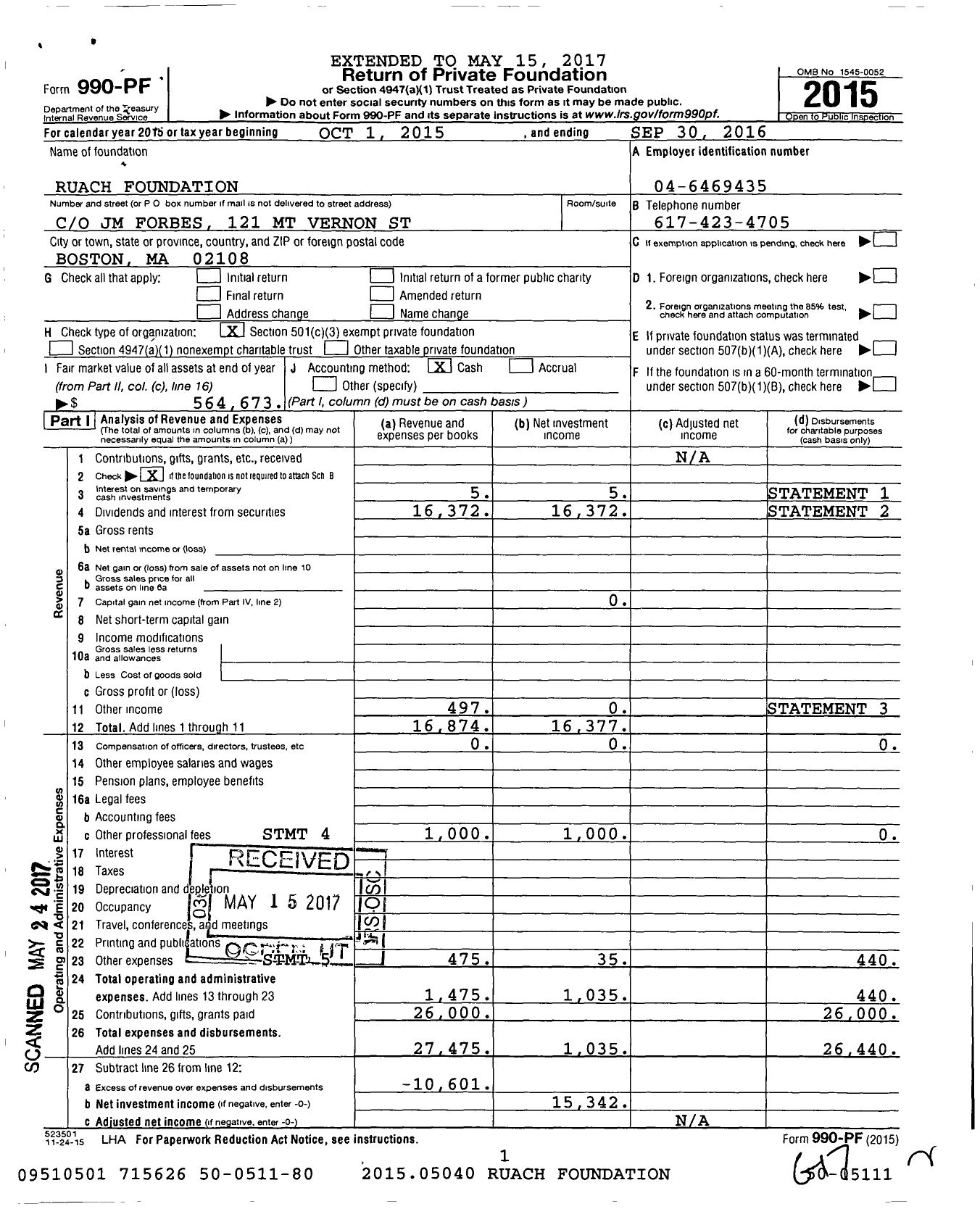 Image of first page of 2015 Form 990PF for Ruach Foundation
