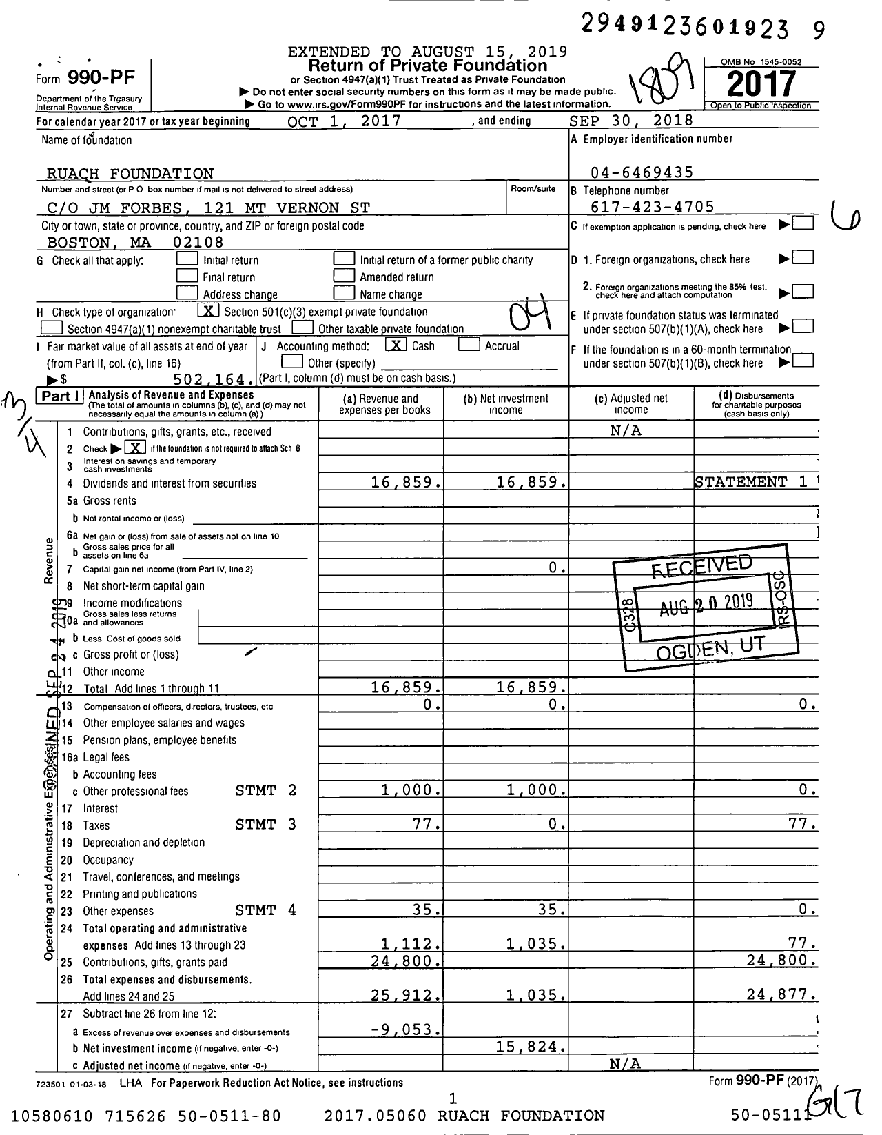 Image of first page of 2017 Form 990PF for Ruach Foundation