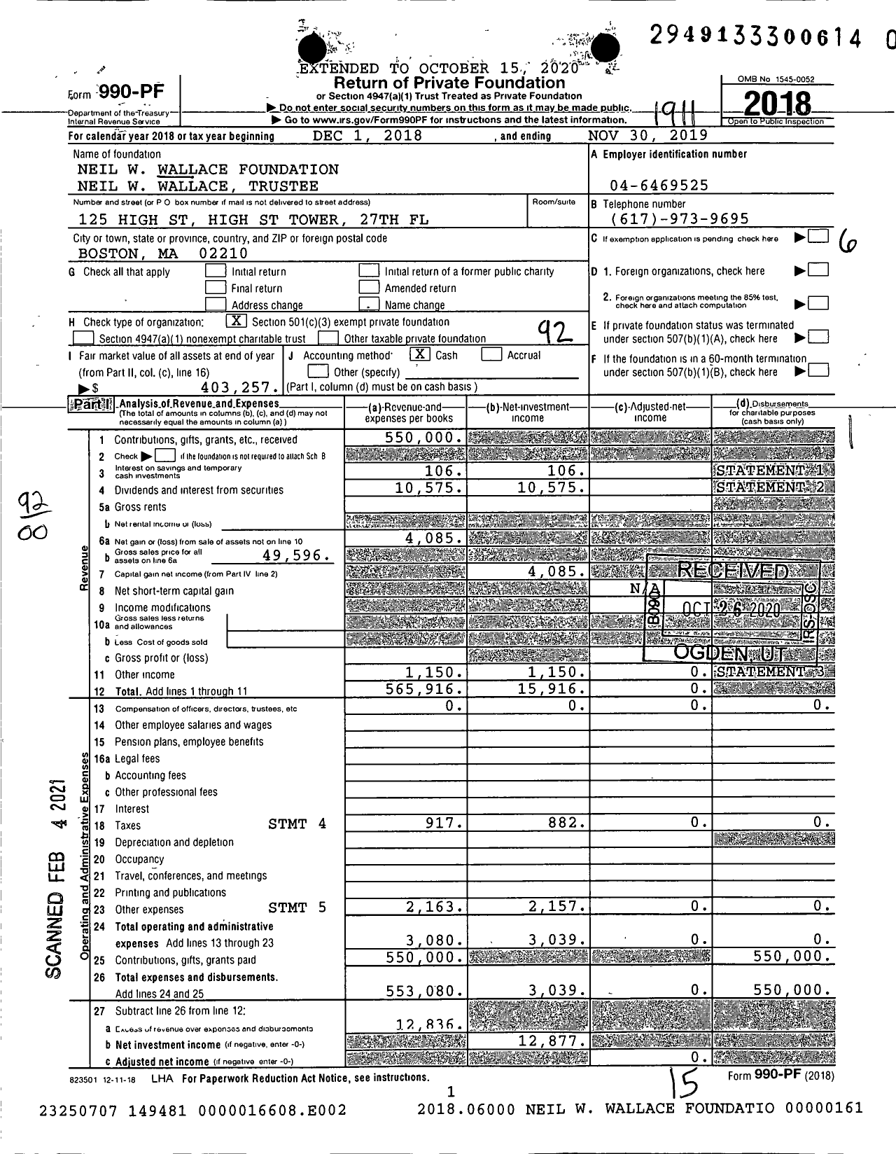 Image of first page of 2018 Form 990PF for Neil W Wallace Foundation Neil W Wallace Trustee