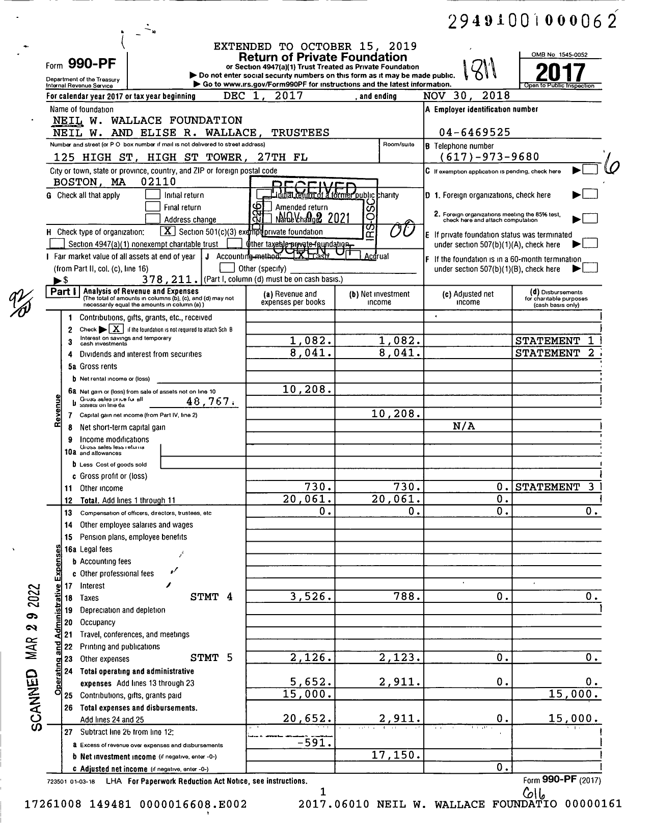 Image of first page of 2017 Form 990PF for Neil W Wallace Foundation Neil W Wallace Trustee