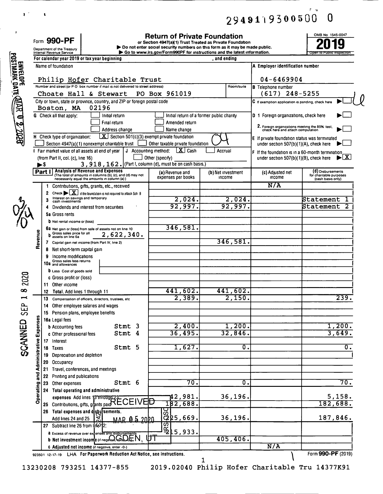 Image of first page of 2019 Form 990PR for Philip Hofer Charitable Trust