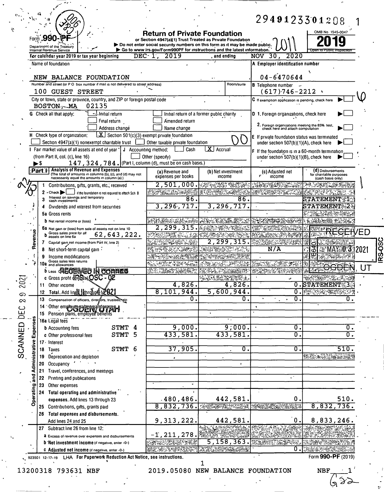 Image of first page of 2019 Form 990PF for New Balance Foundation