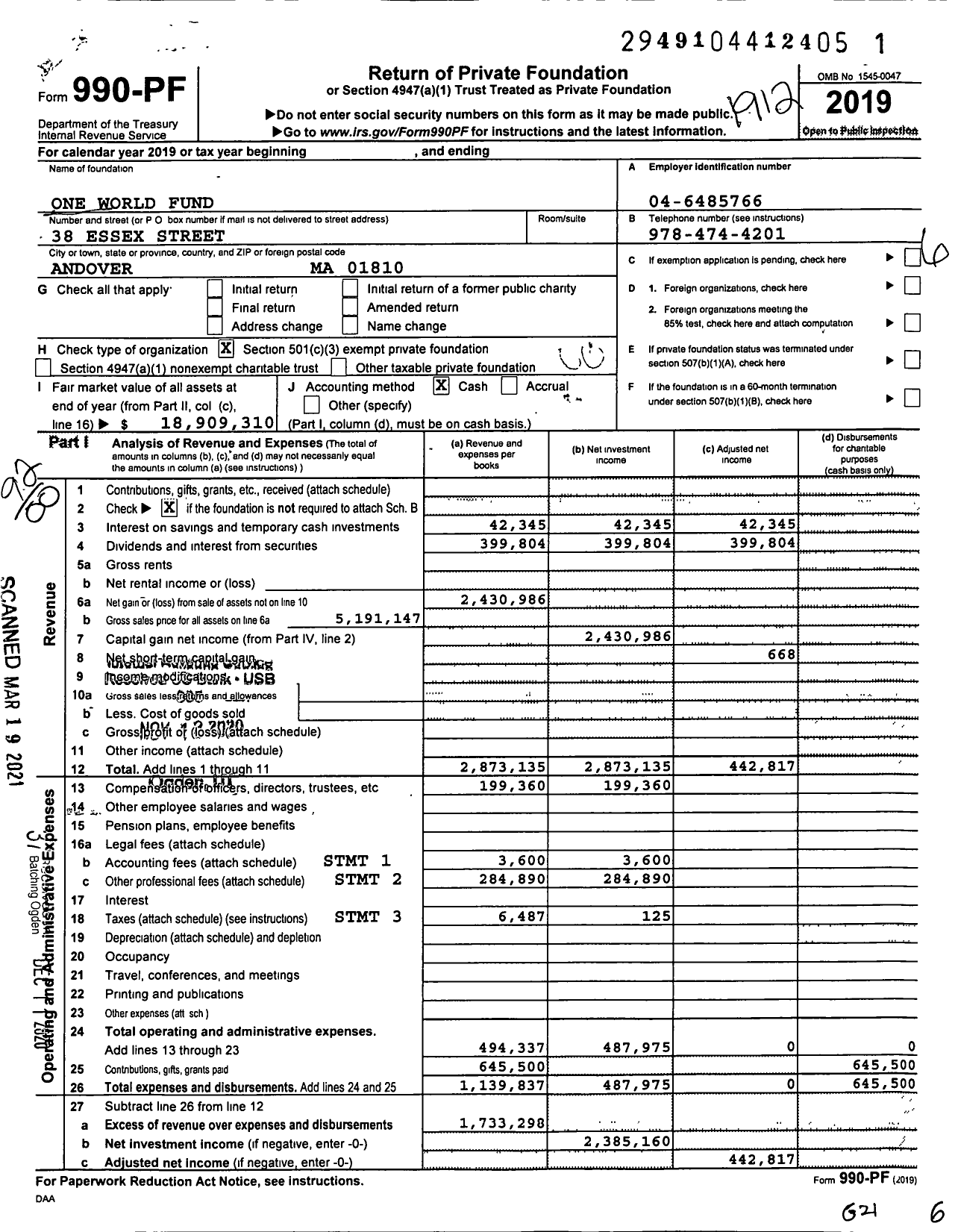 Image of first page of 2019 Form 990PF for One World Fund