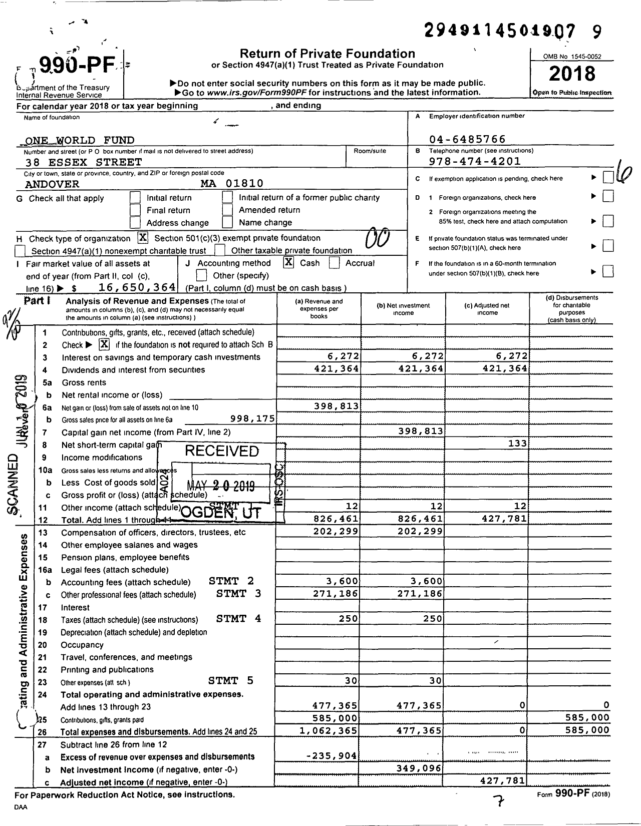 Image of first page of 2018 Form 990PF for One World Fund