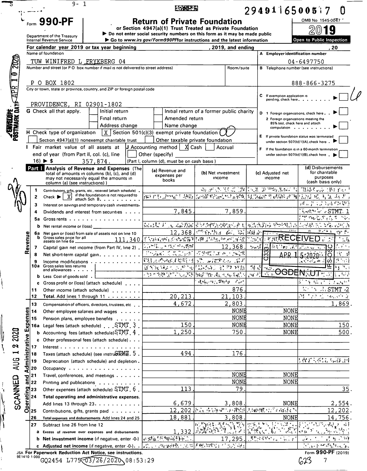 Image of first page of 2019 Form 990PR for Tuw Winifred L Frykberg 04