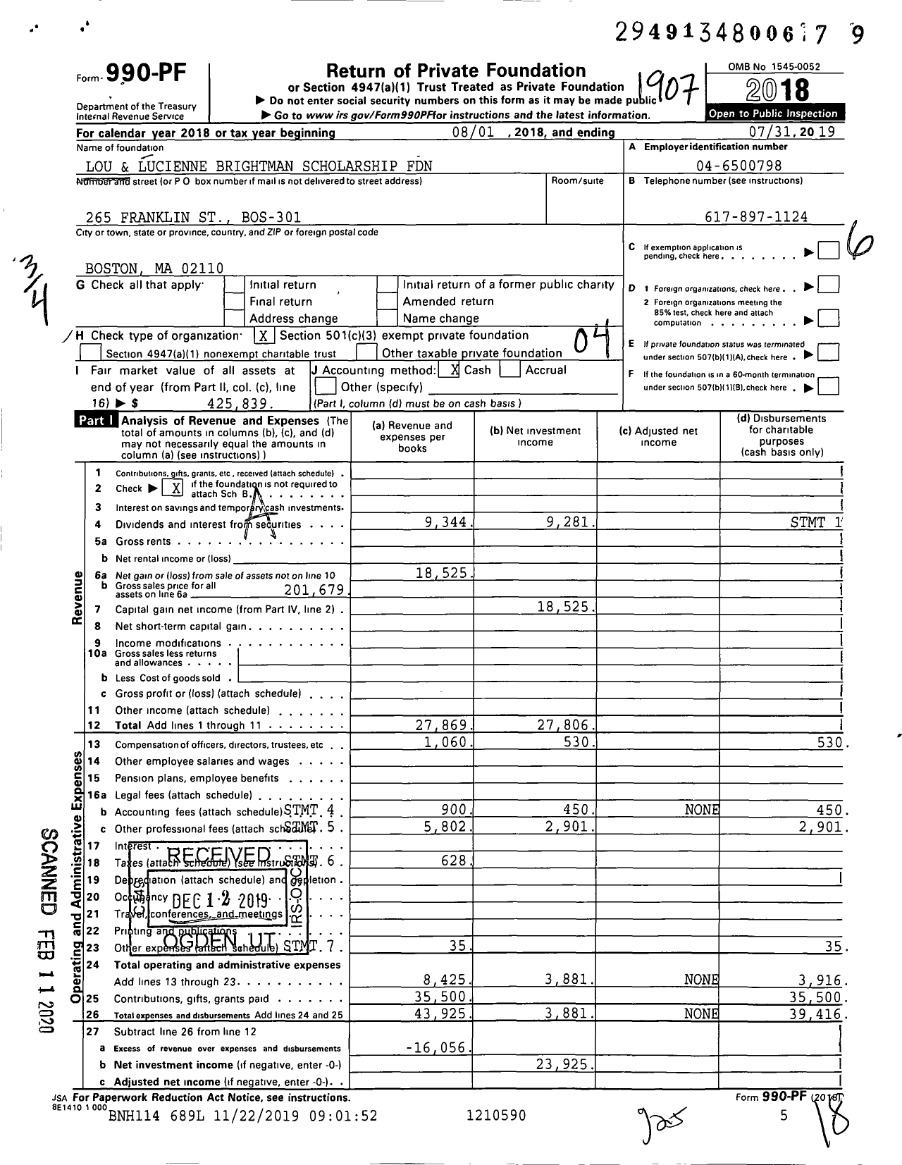 Image of first page of 2018 Form 990PF for Lou and Lucienne Brightman Scholarship Foundation