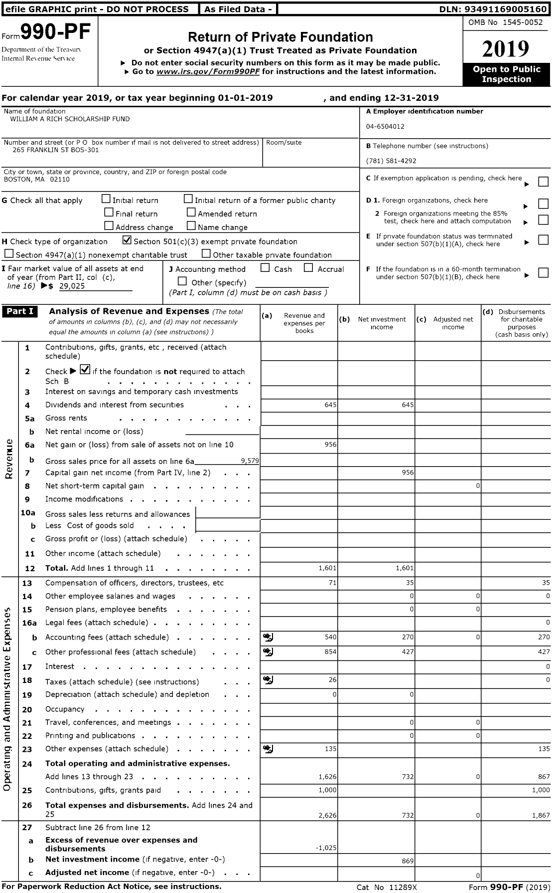 Image of first page of 2019 Form 990PR for William A Rich Scholarship Fund