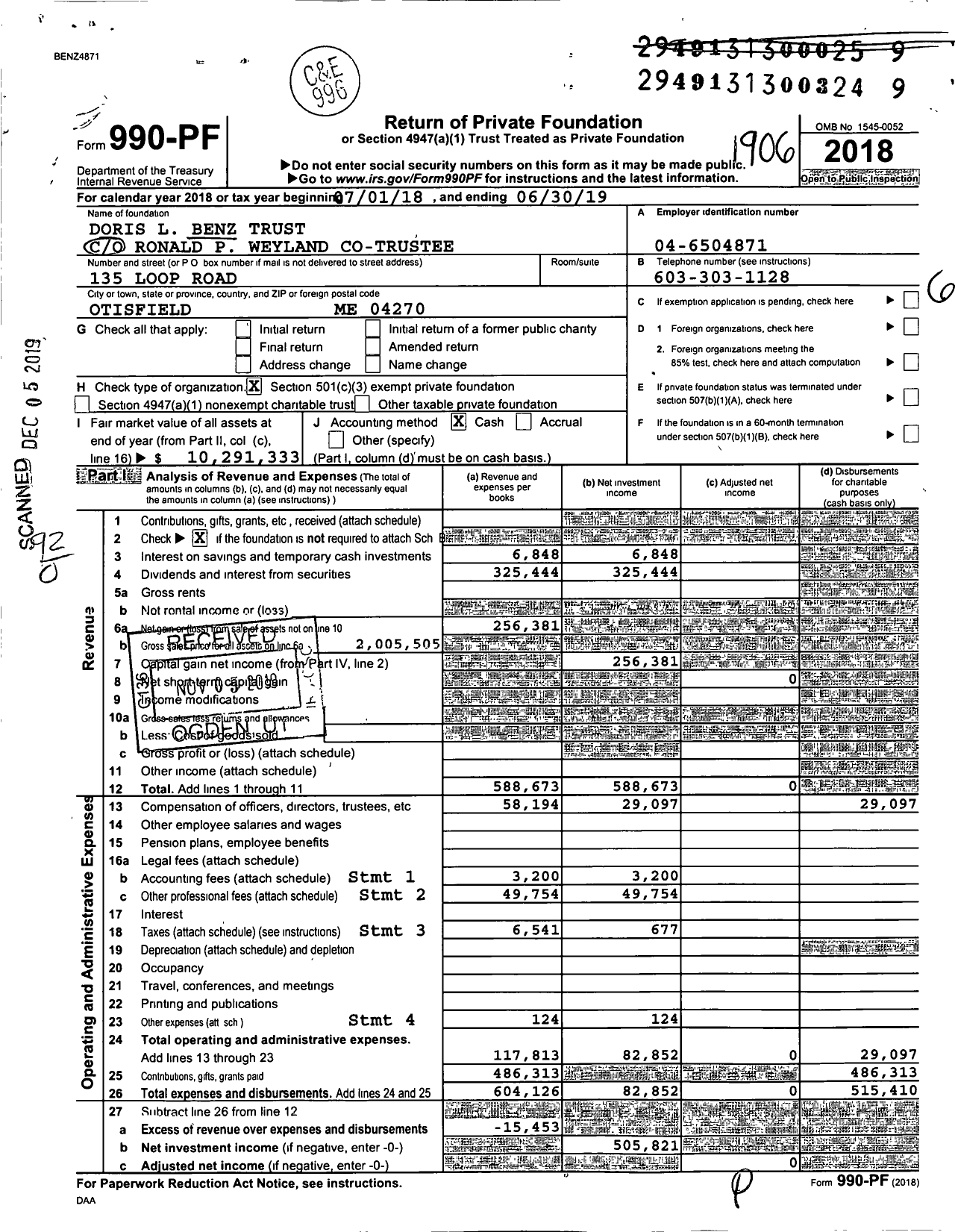 Image of first page of 2018 Form 990PF for Doris L Benz Trust