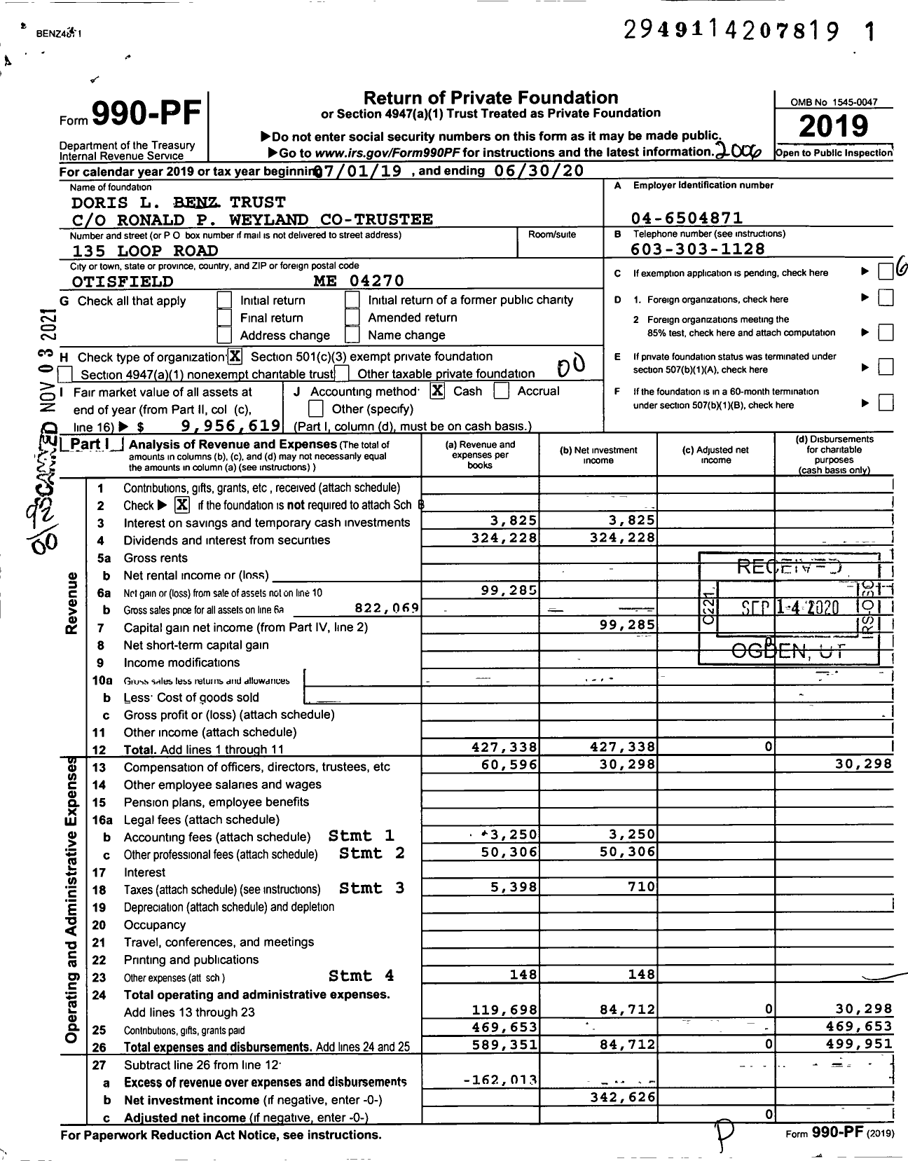 Image of first page of 2019 Form 990PF for Doris L Benz Trust