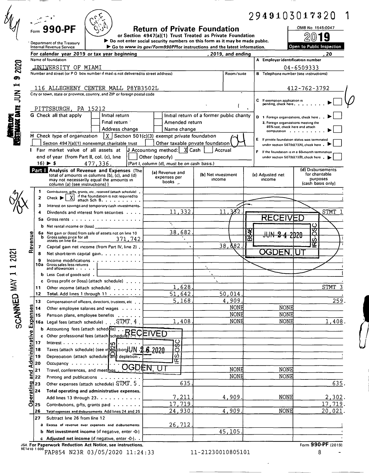 Image of first page of 2019 Form 990PF for University of Miami