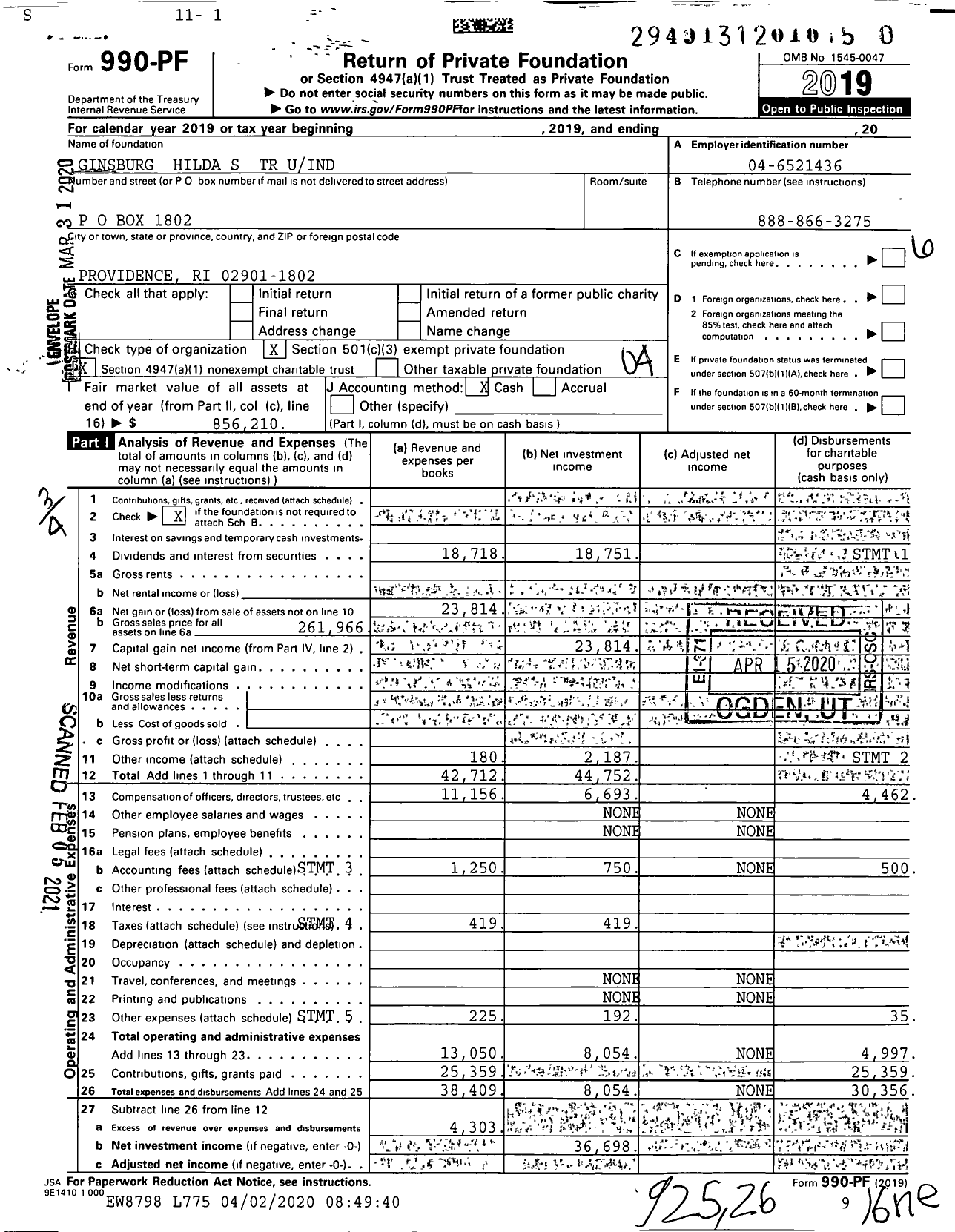 Image of first page of 2019 Form 990PF for Ginsburg Hilda S TR Uind