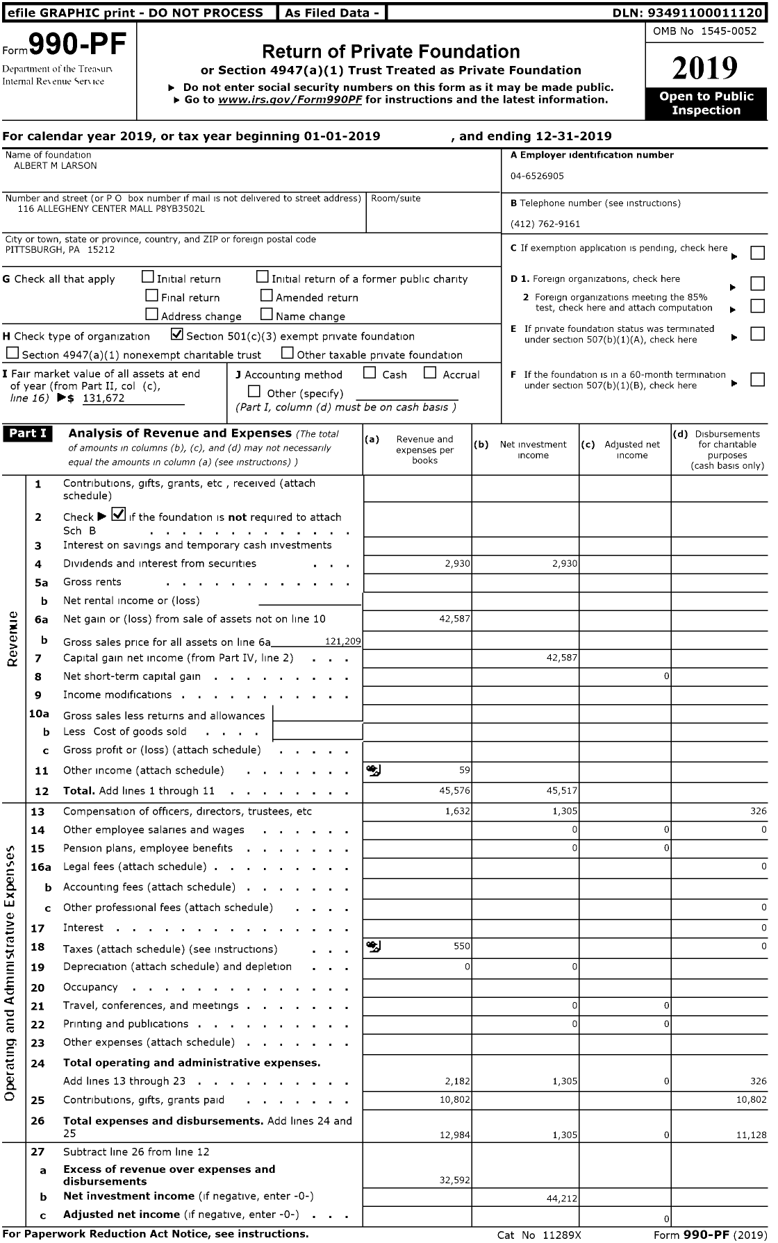 Image of first page of 2019 Form 990PR for Albert M Larson