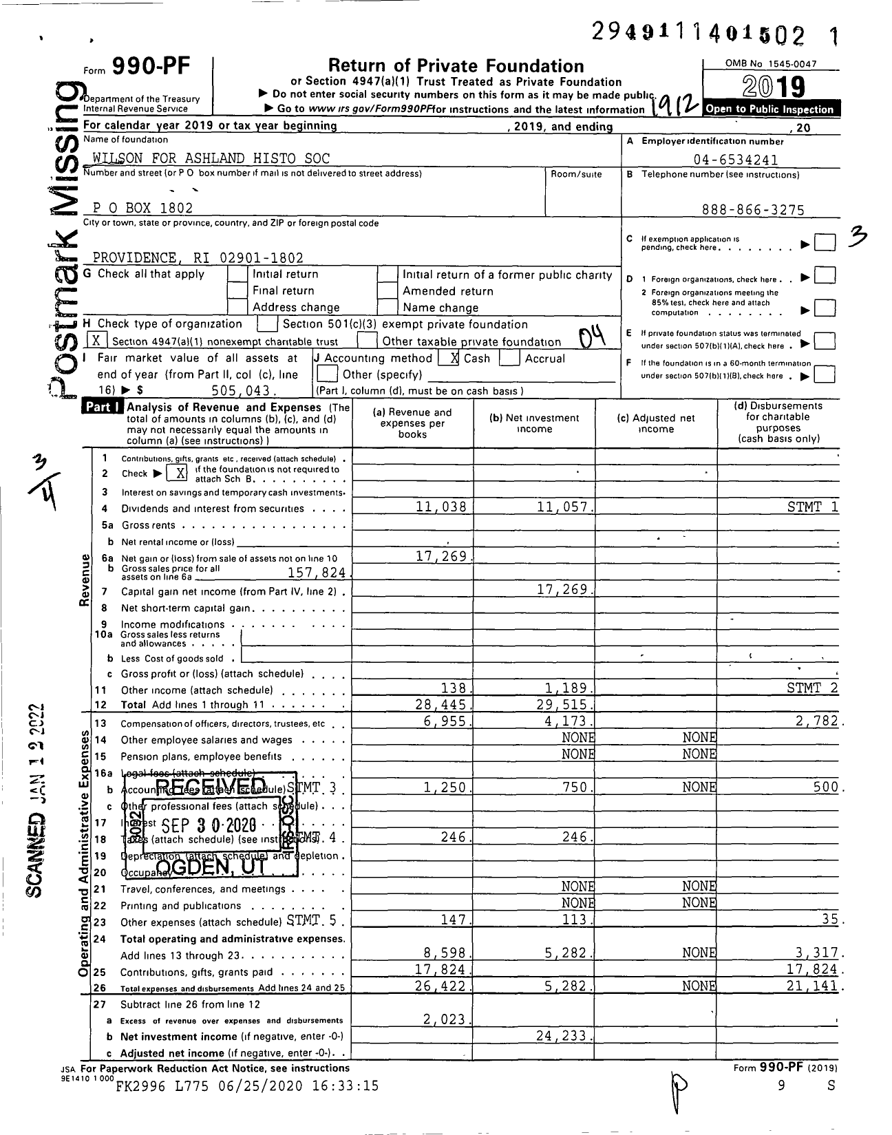 Image of first page of 2019 Form 990PF for The Francis J Wilson Fund