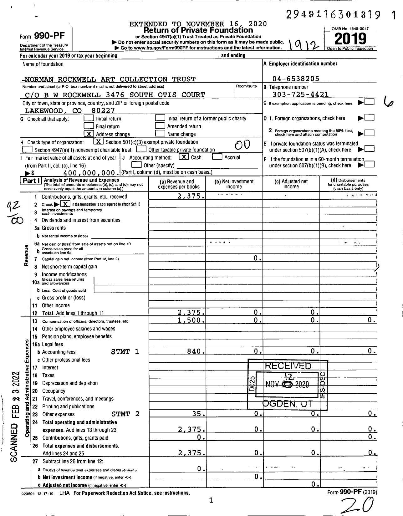 Image of first page of 2019 Form 990PF for Norman Rockwell Art Collection Trust