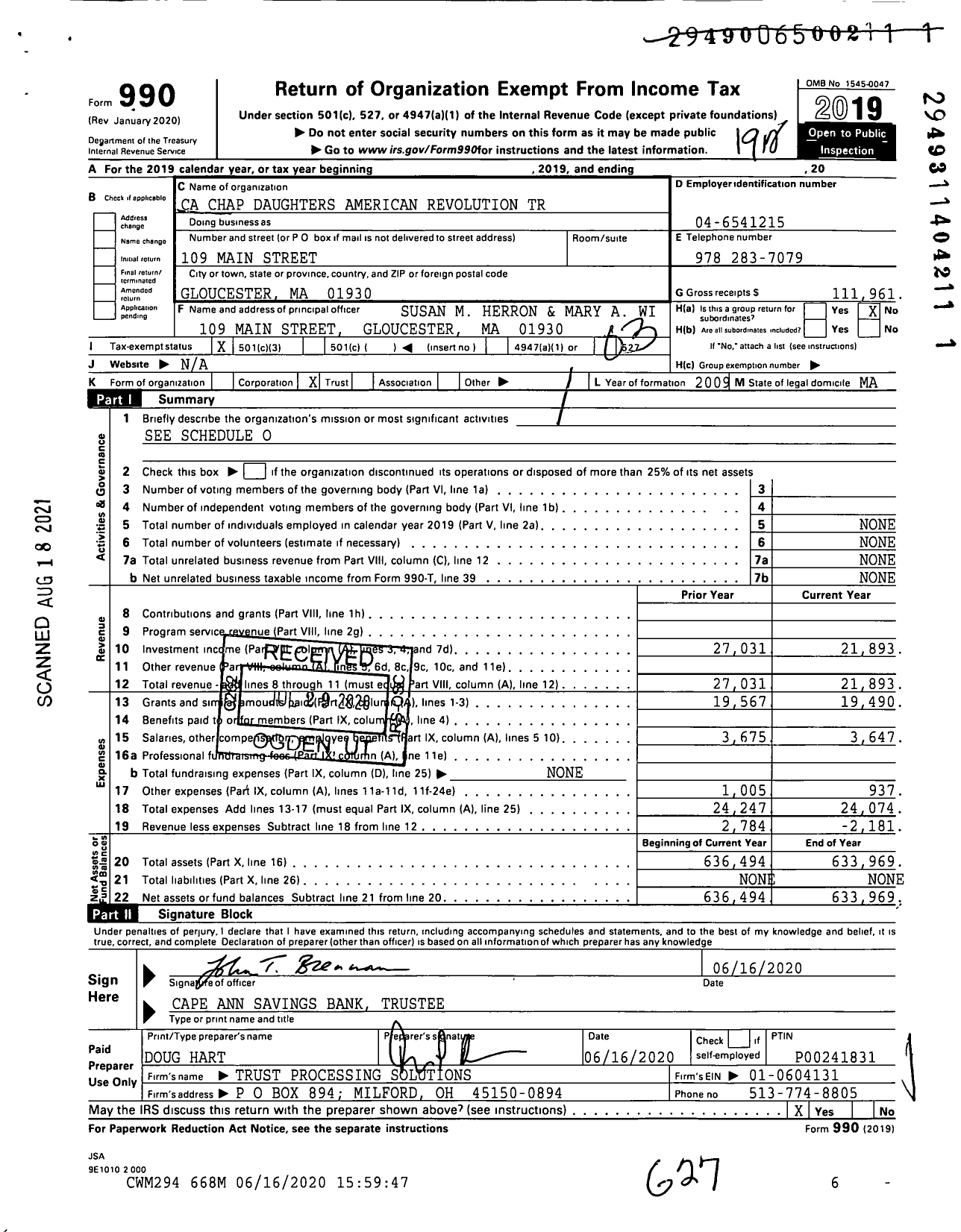 Image of first page of 2019 Form 990 for Ca Chap Daughters American Revolution Trust