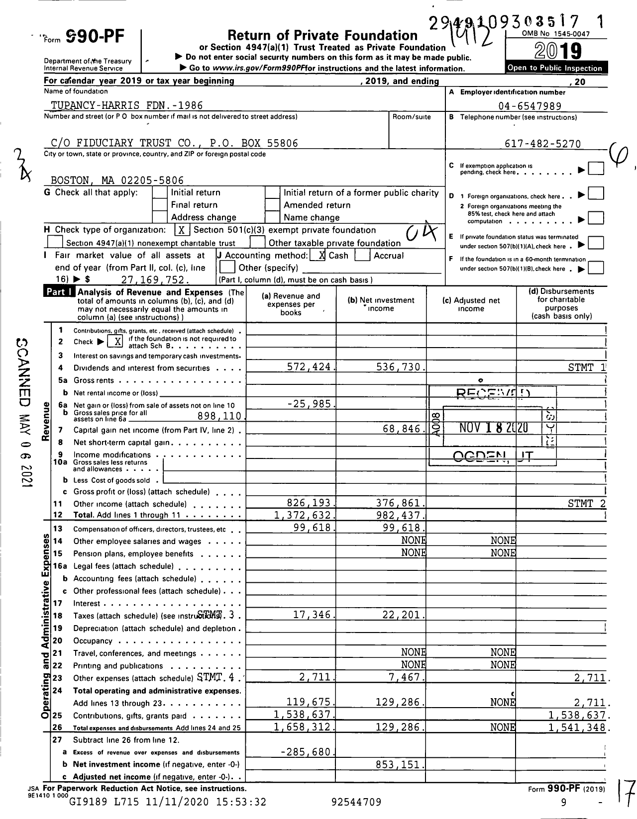 Image of first page of 2019 Form 990PF for Tupancy-Harris FDN-1986