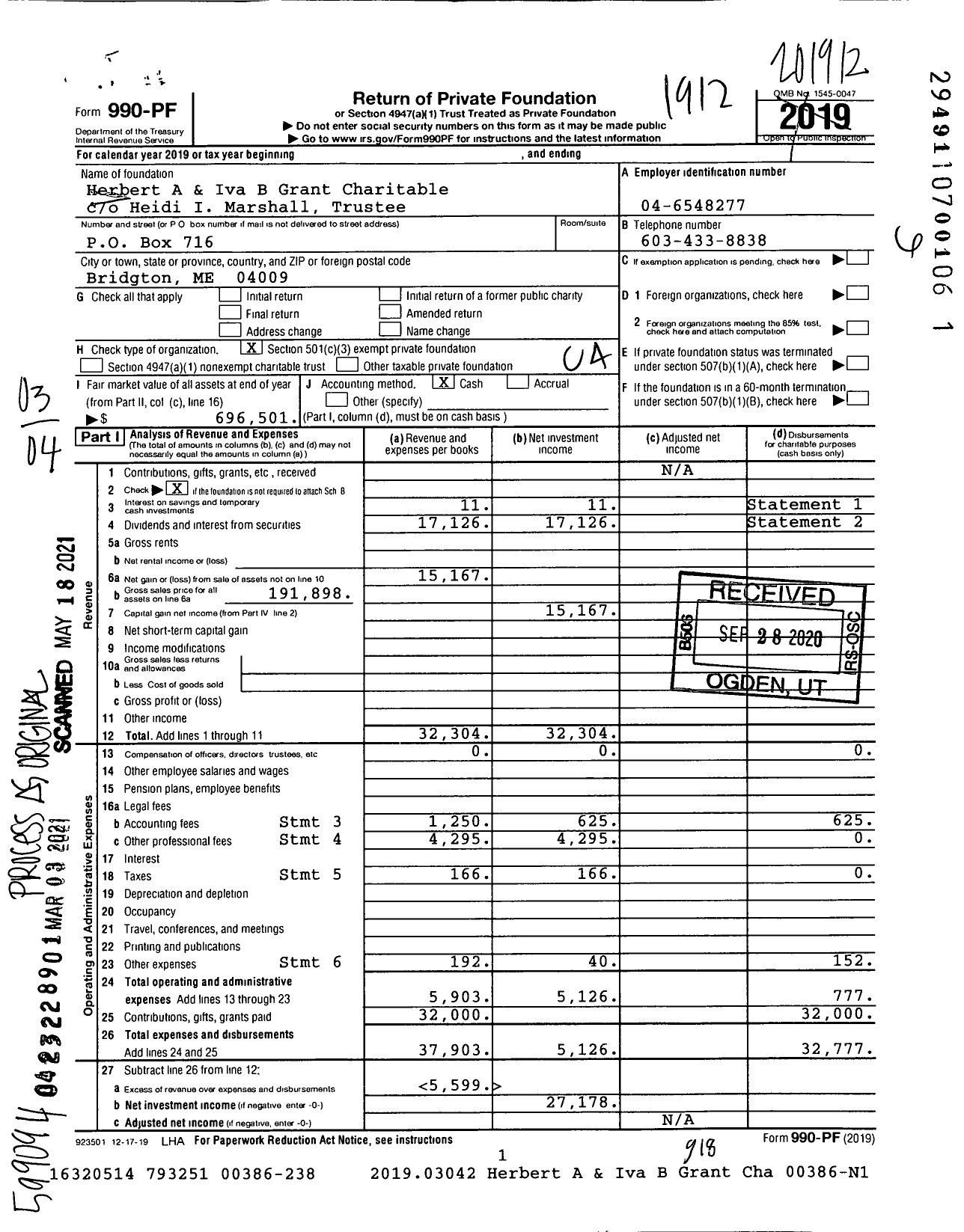 Image of first page of 2019 Form 990PF for Herbert A & Iva B Grant Charitable
