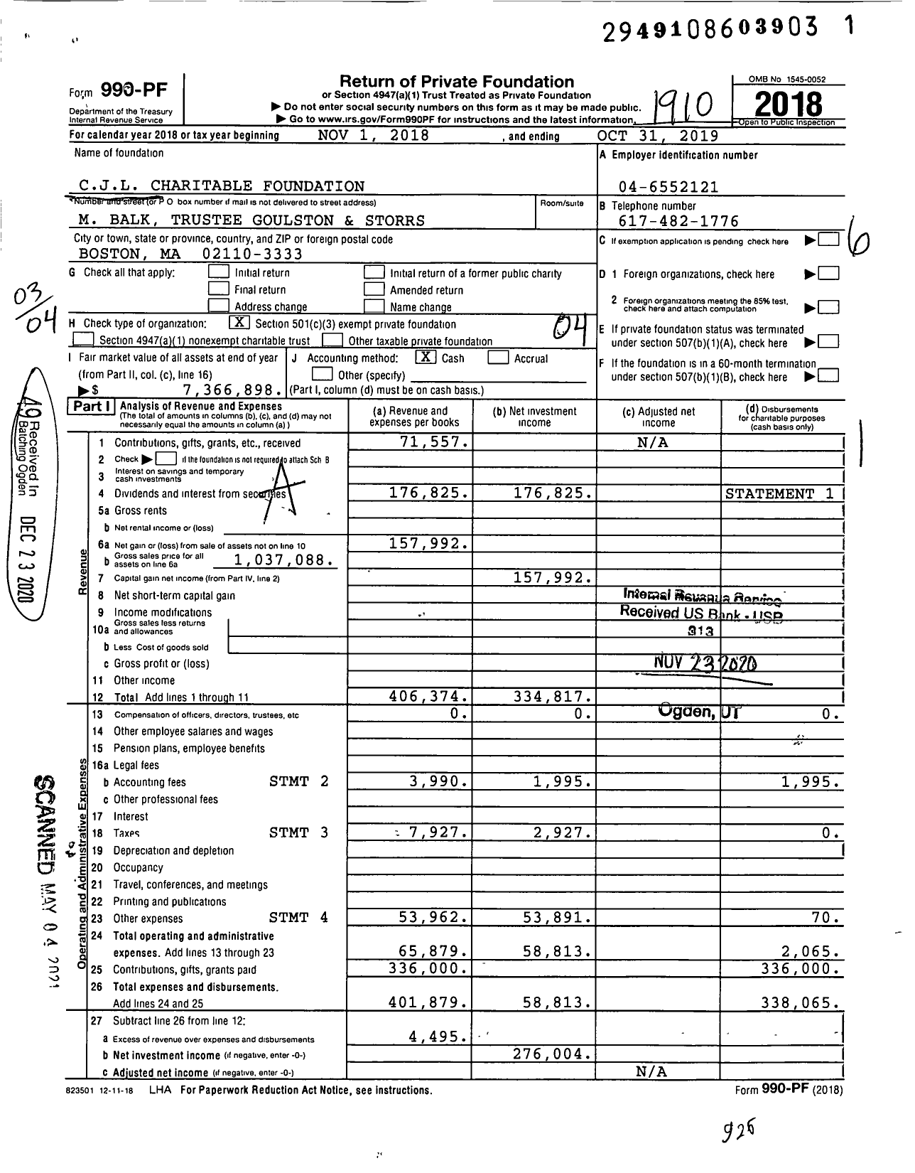 Image of first page of 2018 Form 990PF for CJL Charitable Foundation