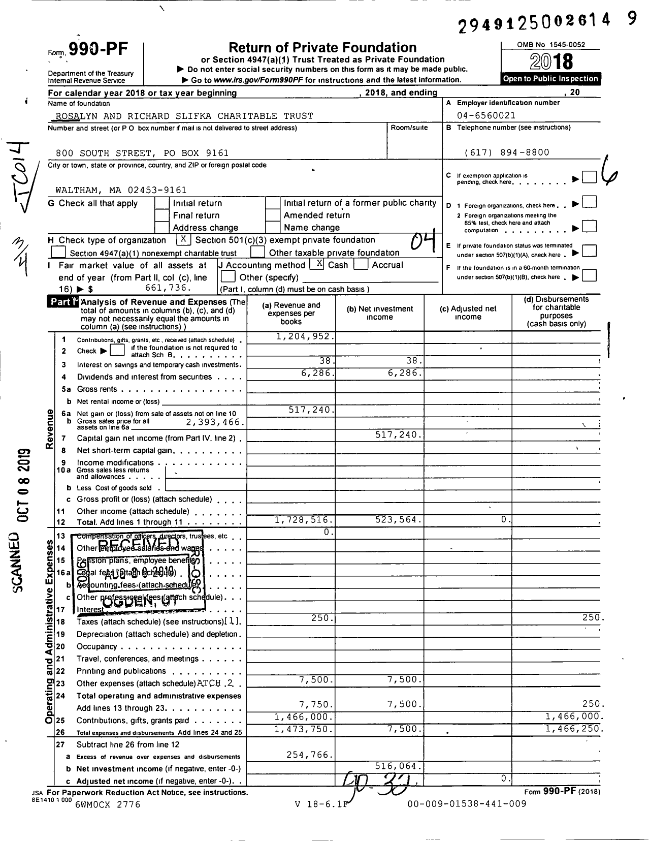 Image of first page of 2018 Form 990PF for Rosalyn and Richard Slifka Charitable Trust