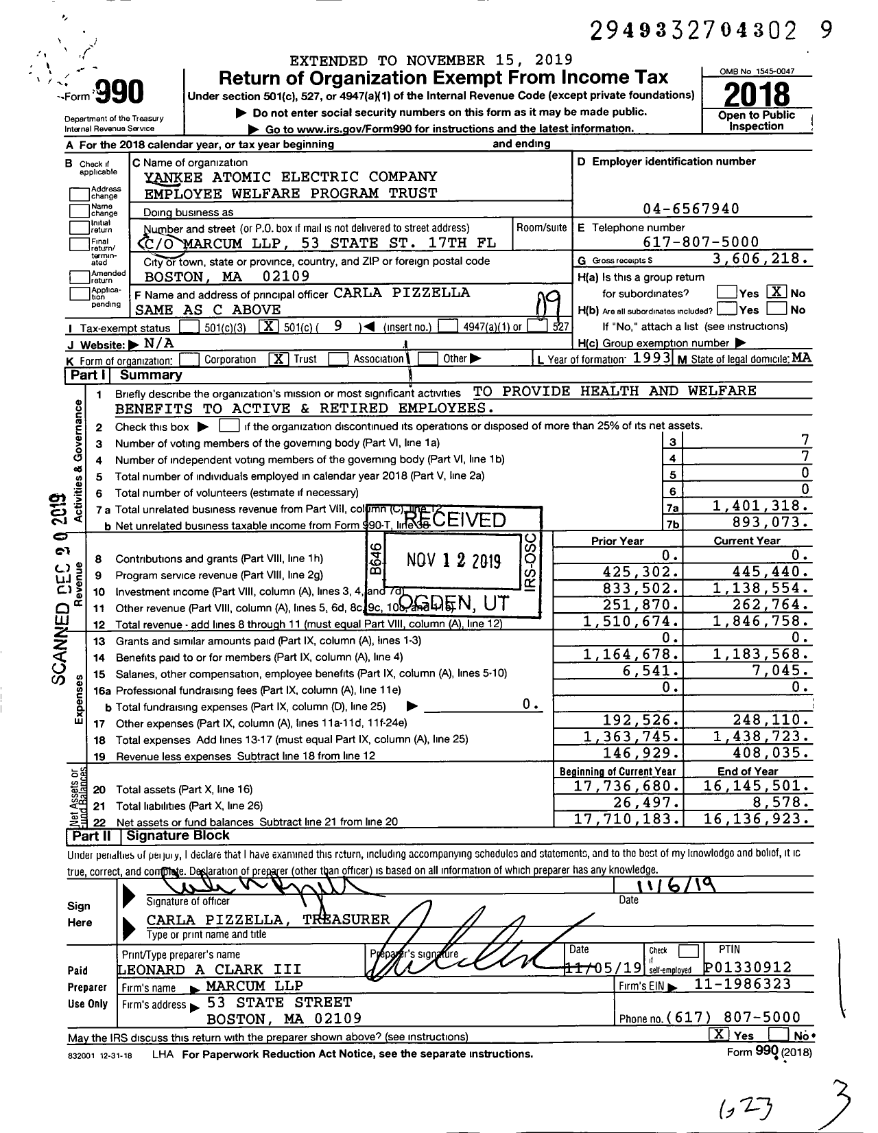 Image of first page of 2018 Form 990O for Yankee Atomic Electric Company Employee Welfare Program Trust