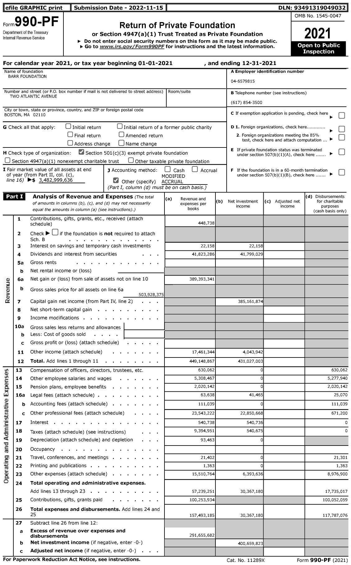 Image of first page of 2021 Form 990PF for Barr Foundation