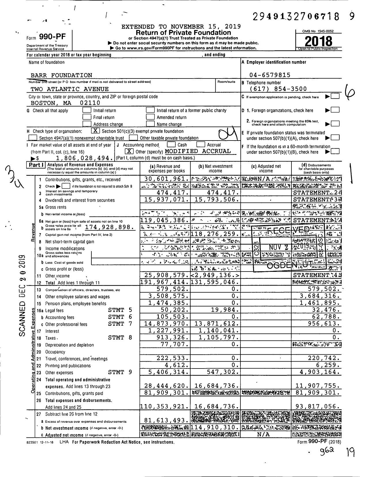 Image of first page of 2018 Form 990PF for Barr Foundation