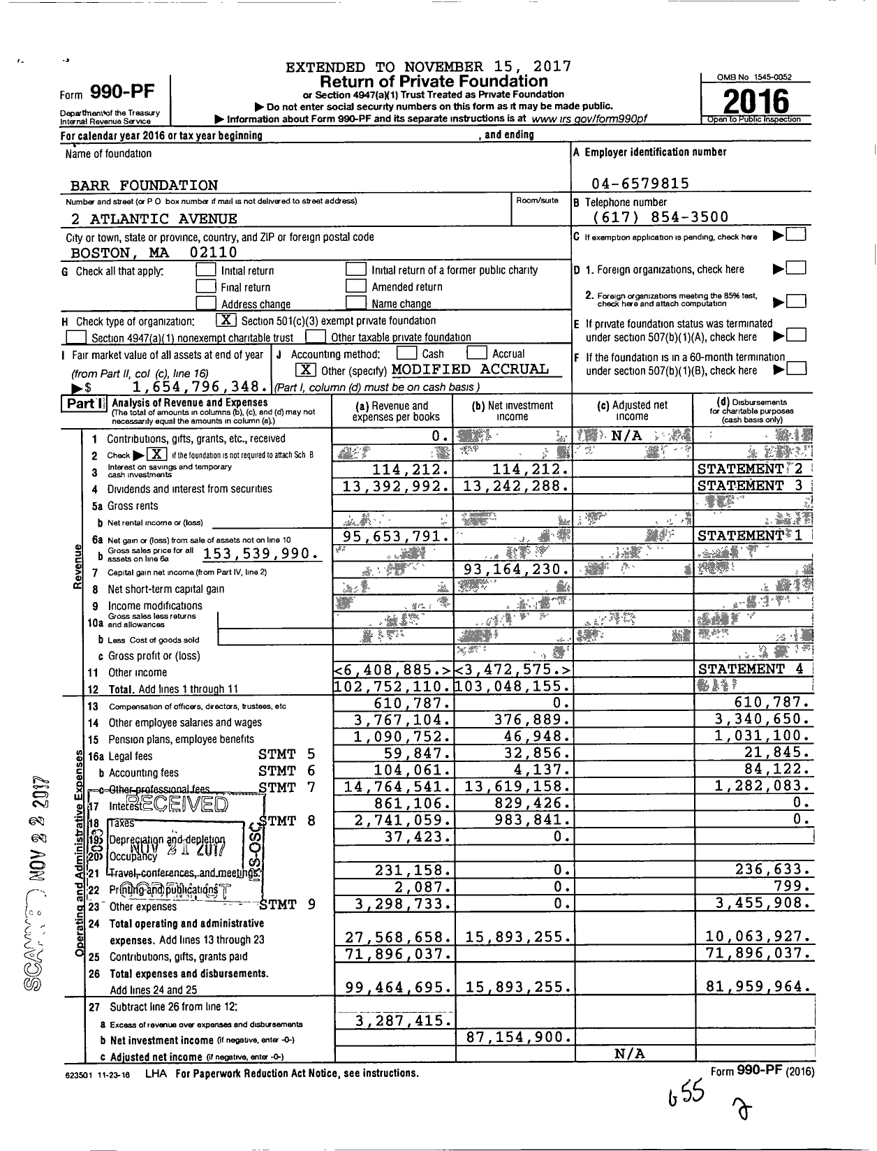 Image of first page of 2016 Form 990PF for Barr Foundation