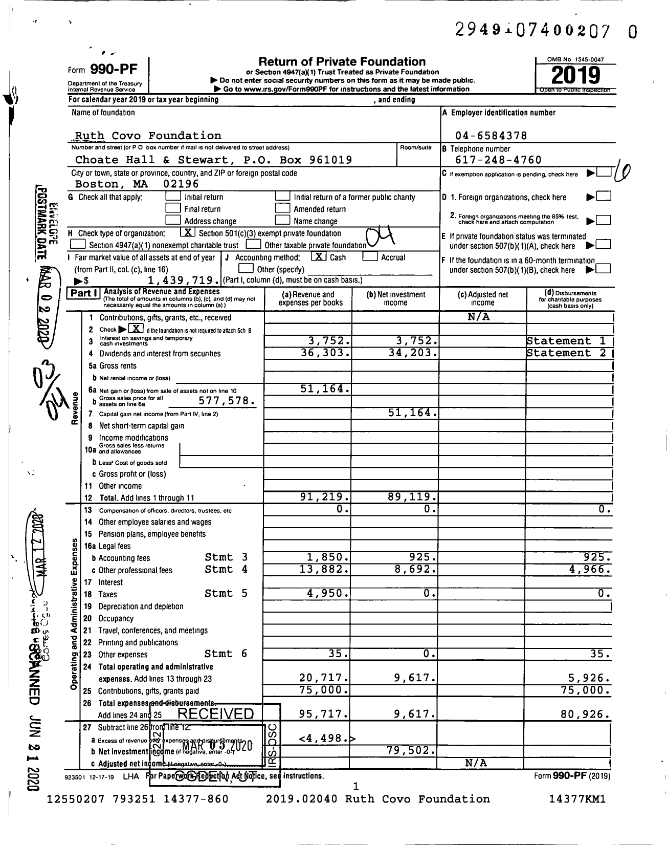 Image of first page of 2019 Form 990PR for Ruth Covo Foundation