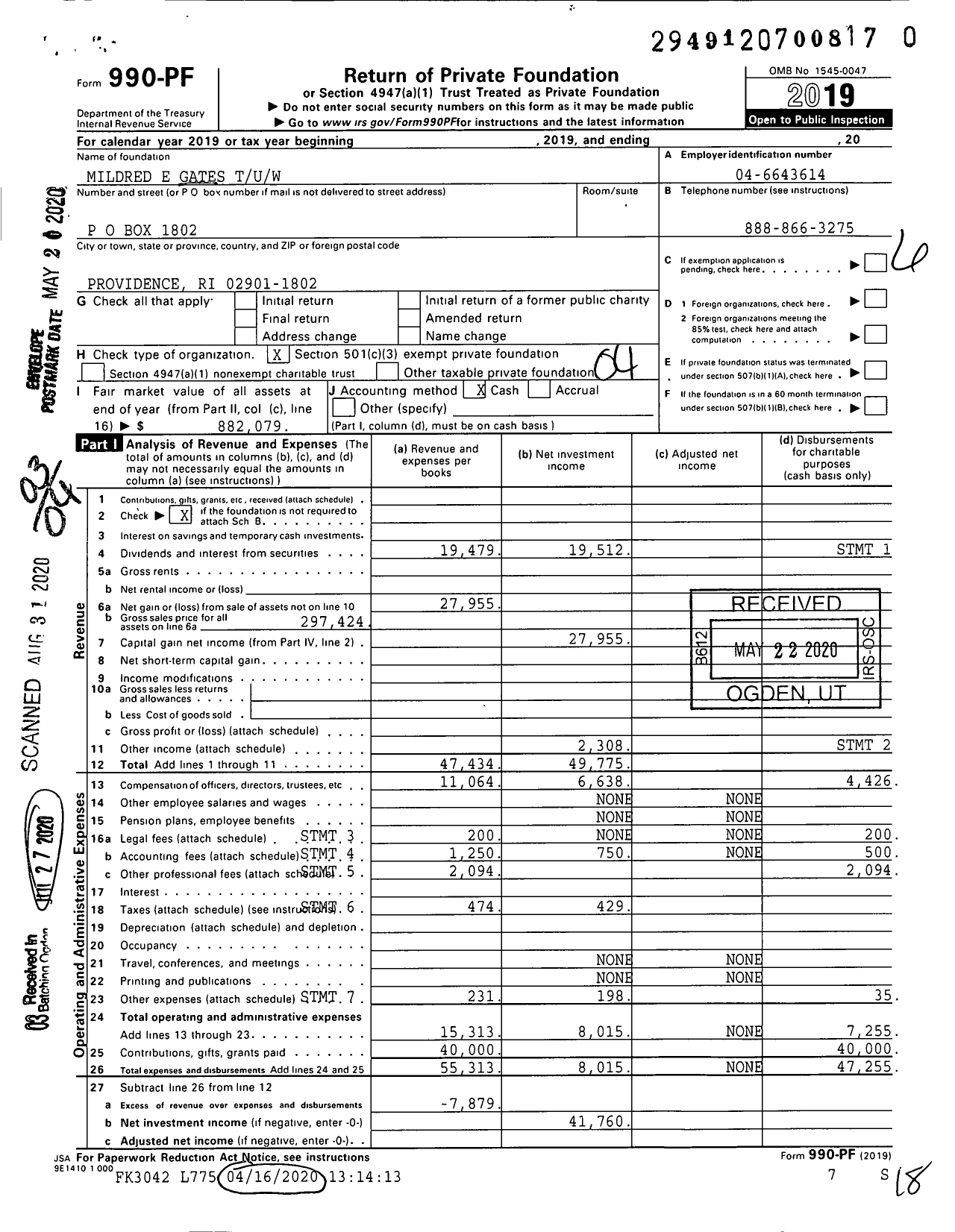 Image of first page of 2019 Form 990PR for Mildred E Gates Tuw