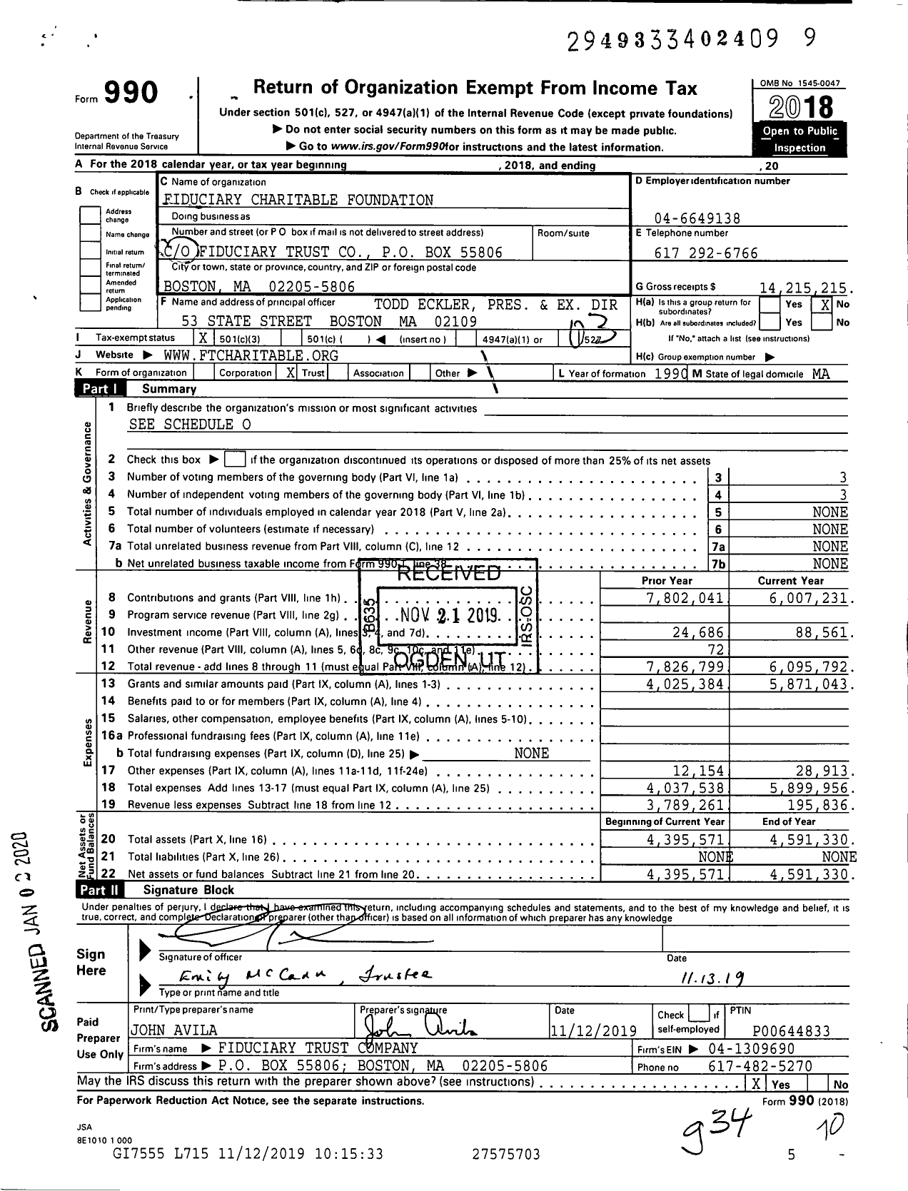 Image of first page of 2018 Form 990 for Fiduciary Trust Charitable