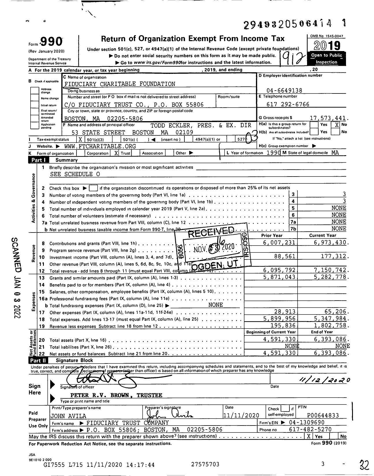 Image of first page of 2019 Form 990 for Fiduciary Trust Charitable