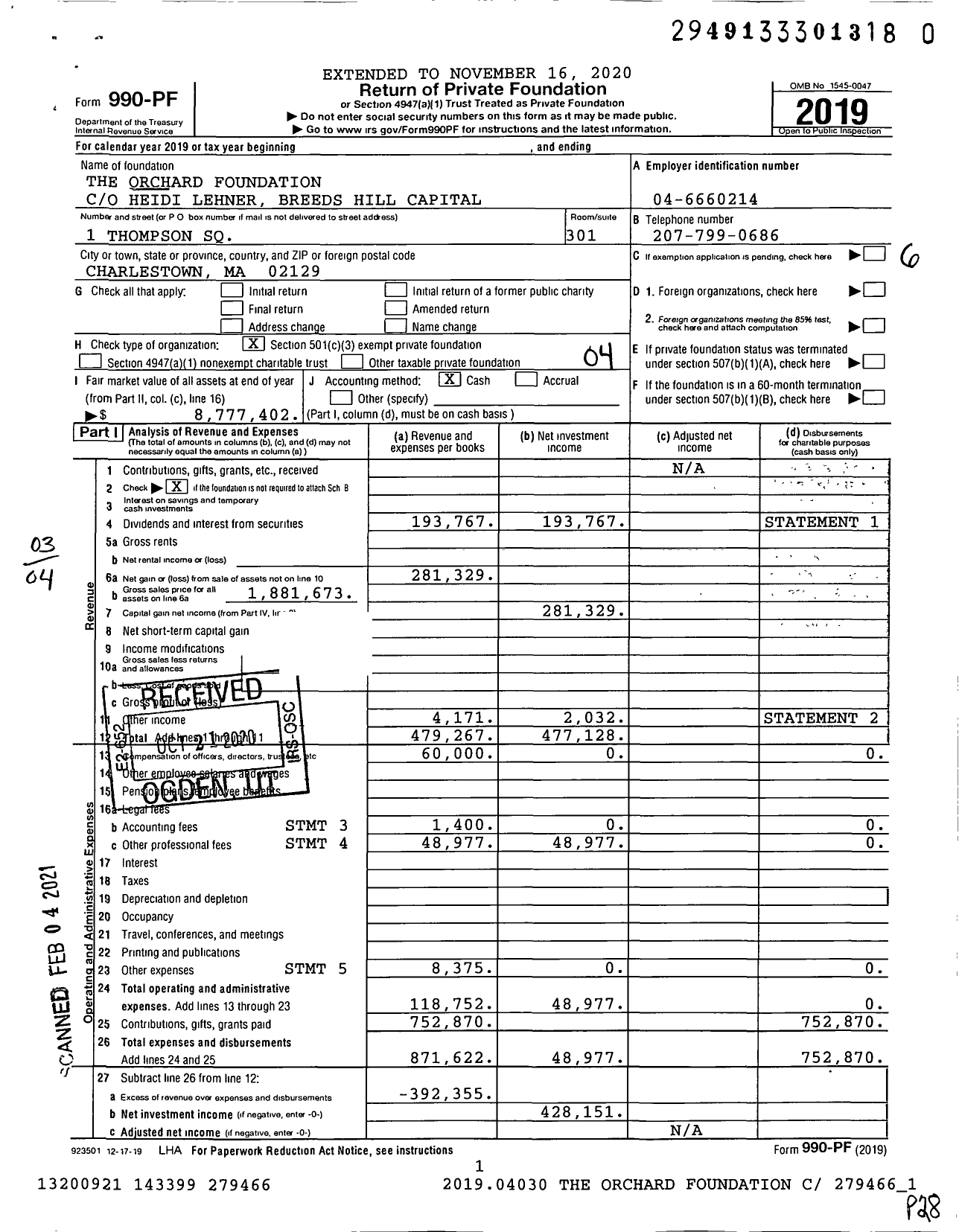 Image of first page of 2019 Form 990PF for The Orchard Foundation / Lehner Carl & Gordon Ehrlich Ttees