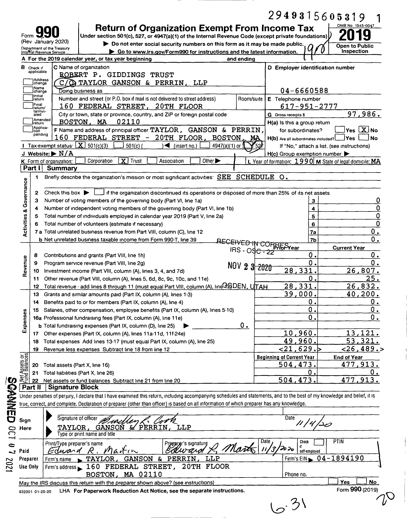 Image of first page of 2019 Form 990 for Robert P Giddings Trust