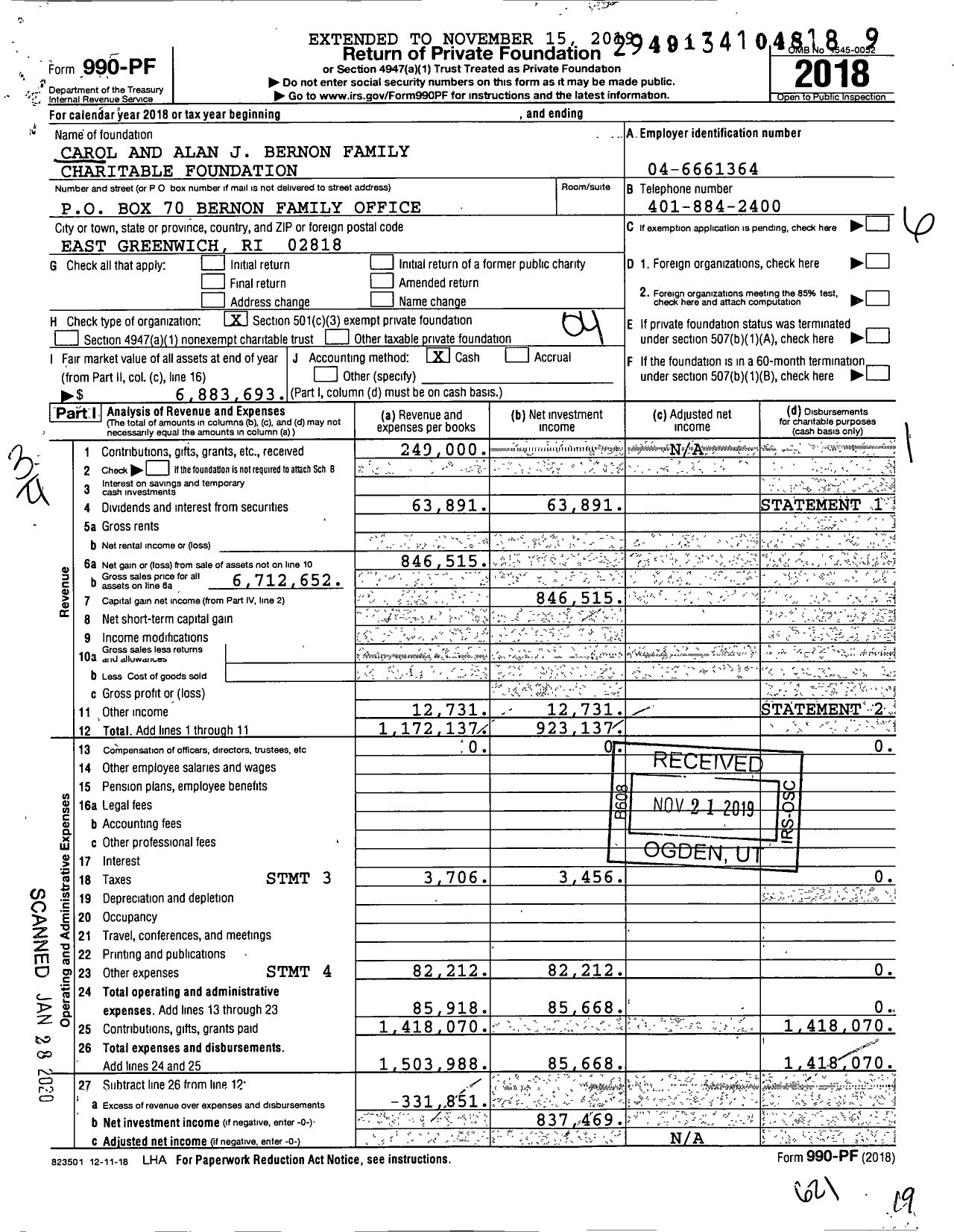 Image of first page of 2018 Form 990PF for Carol and Alan J Bernon Family Charitable Foundation
