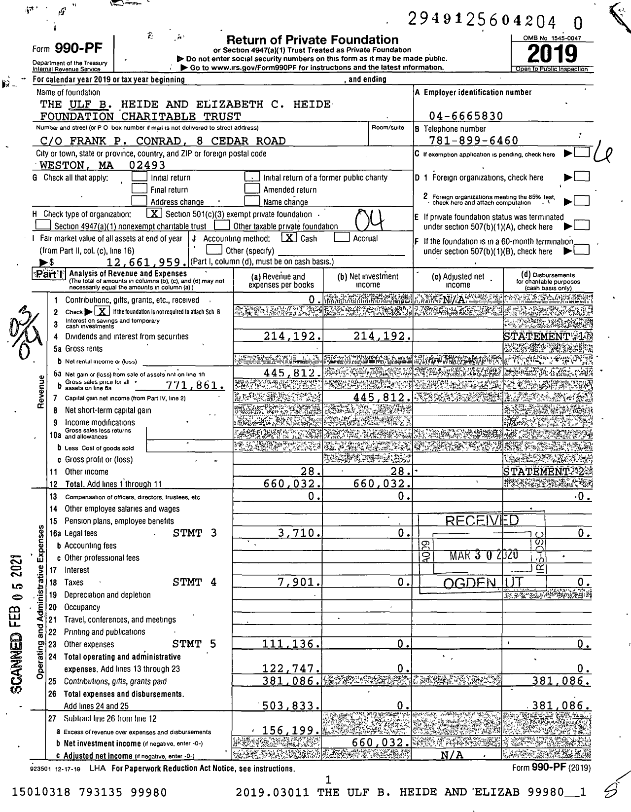 Image of first page of 2019 Form 990PF for The Ulf B Heide and Elizabeth C Heide Foundation Charitable Trust