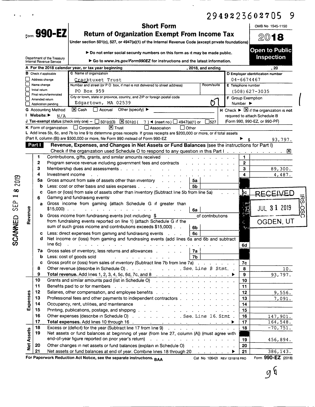 Image of first page of 2018 Form 990EO for Cracktuxet Trust