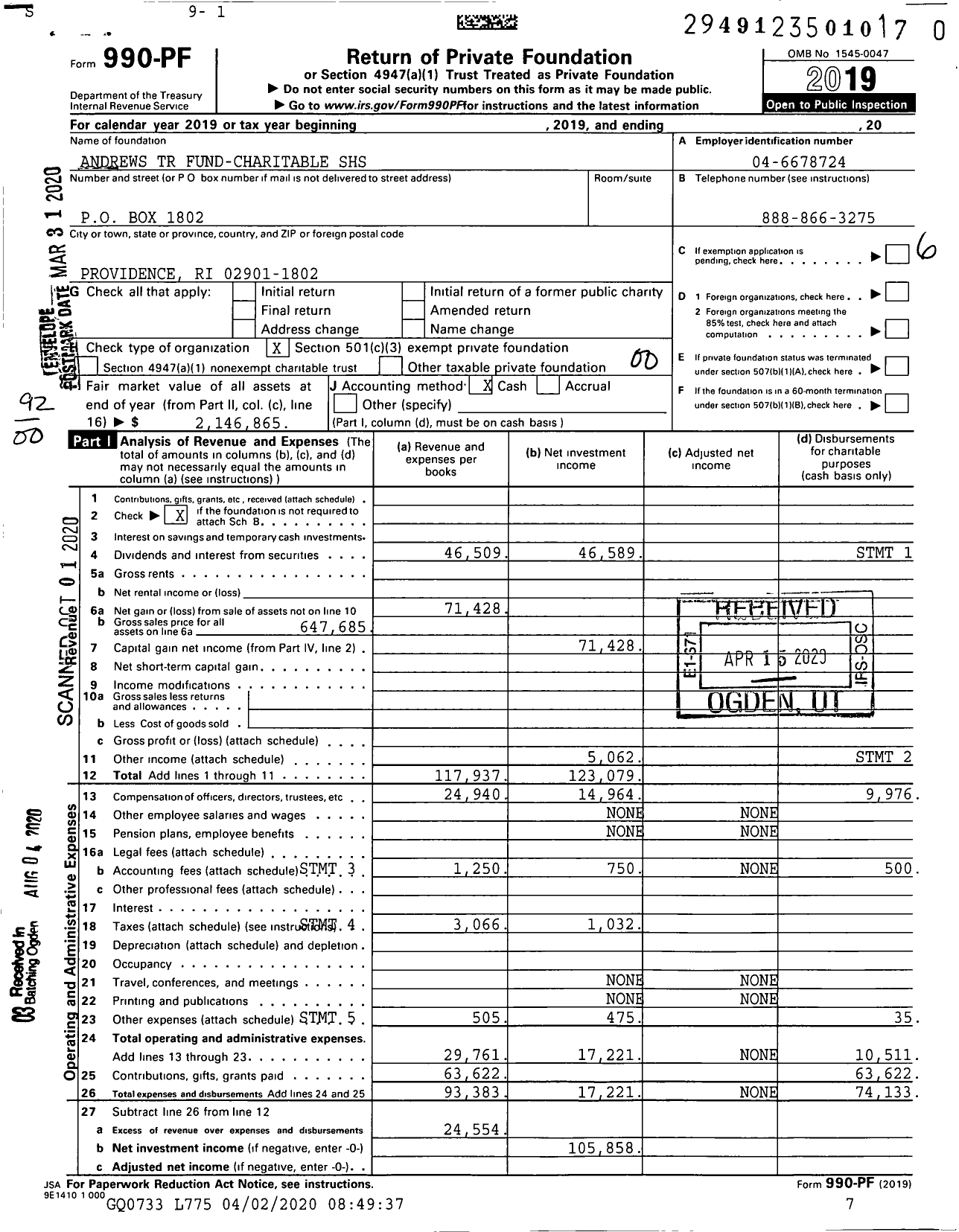 Image of first page of 2019 Form 990PR for Andrews TR Fund-Charitable SHS