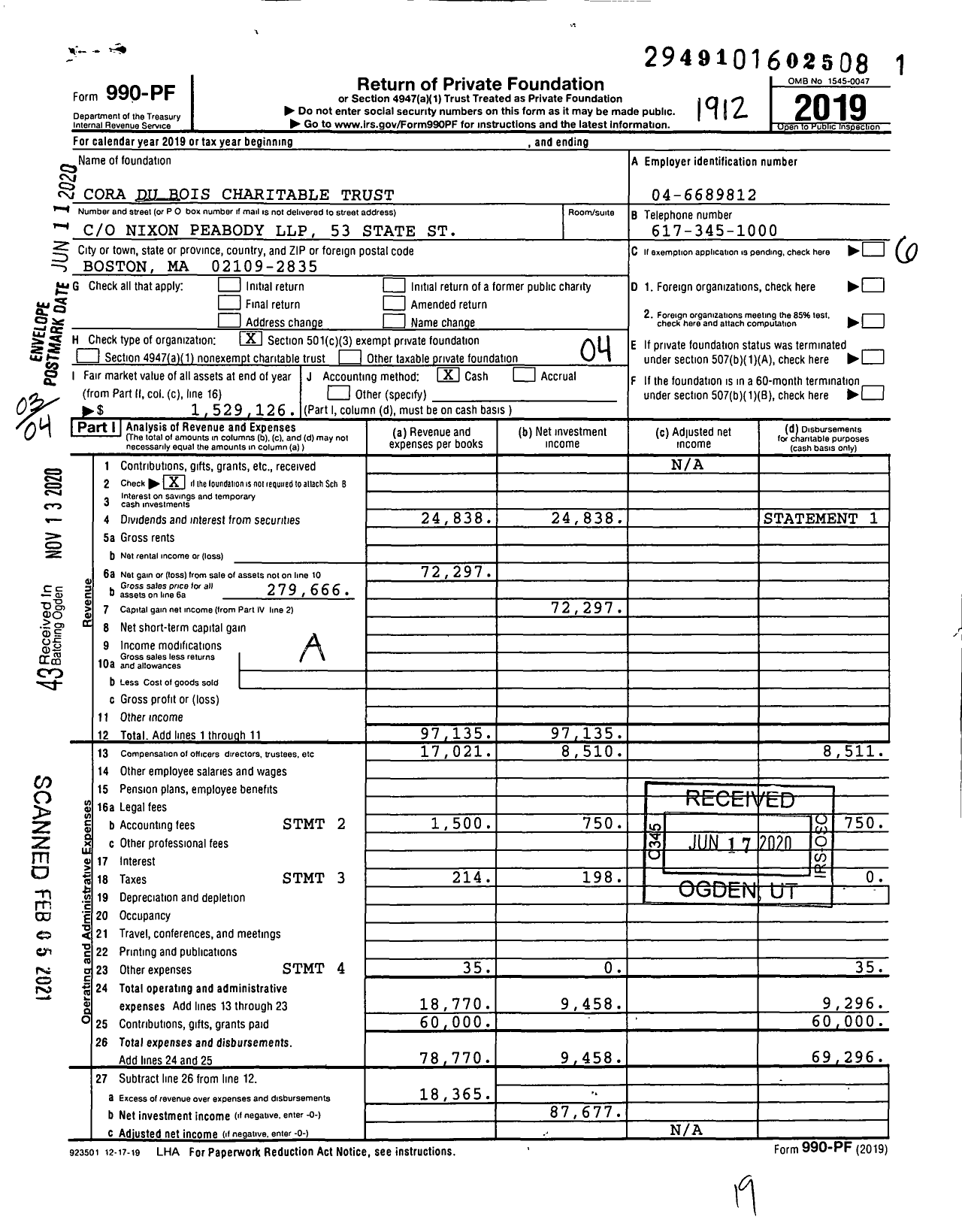 Image of first page of 2019 Form 990PF for Cora Du Bois Charitable Trust