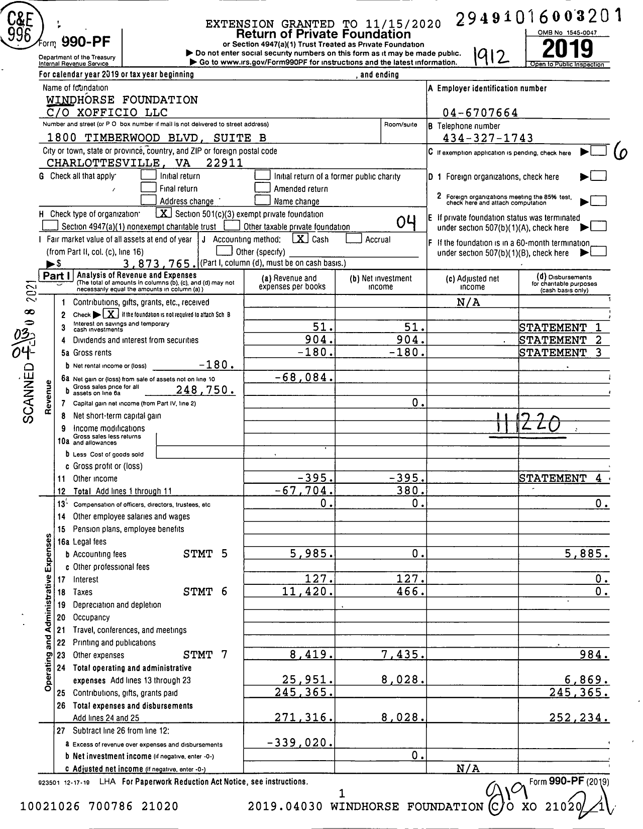 Image of first page of 2019 Form 990PF for Windhorse Foundation