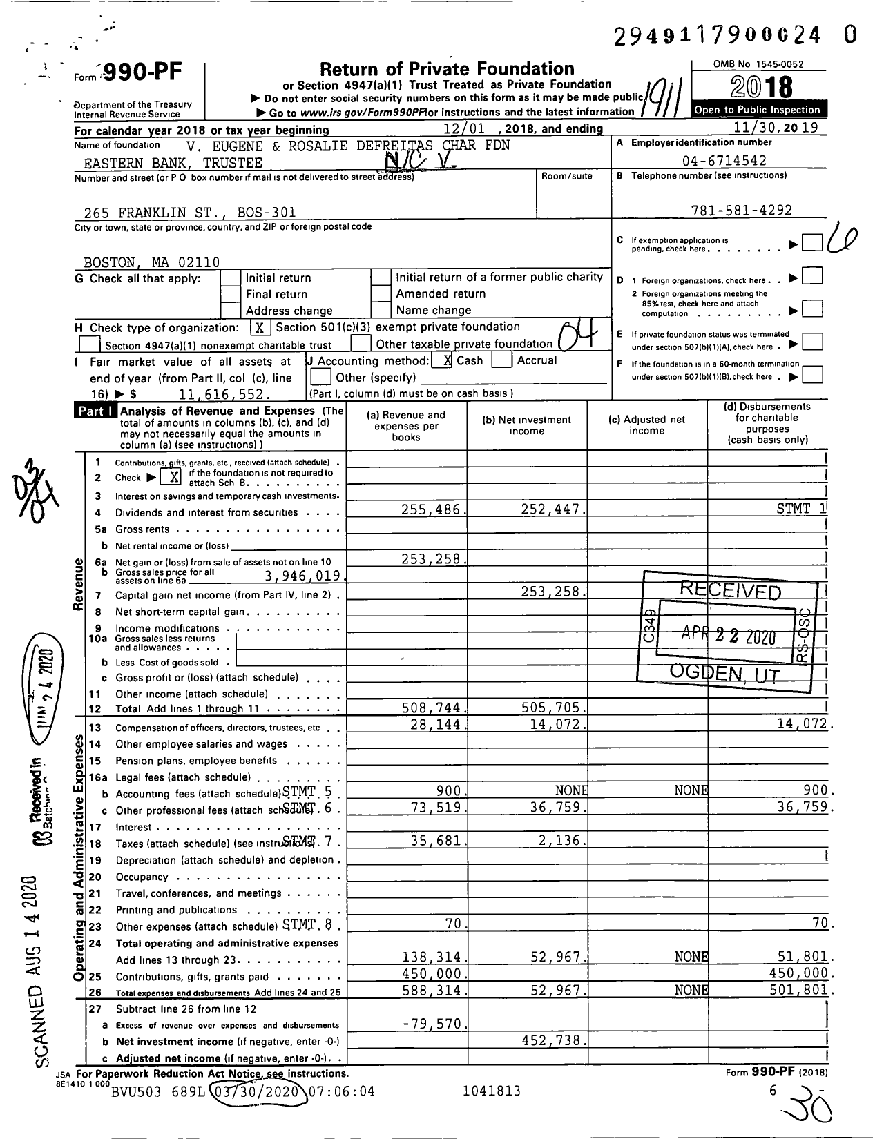 Image of first page of 2018 Form 990PR for V Eugene and Rosalie Defreitas Char Foundation