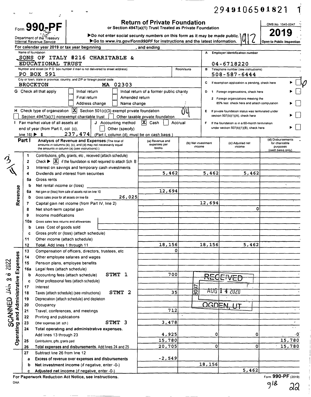 Image of first page of 2019 Form 990PF for Sons of Italy 216 Charitable and Educational Trust