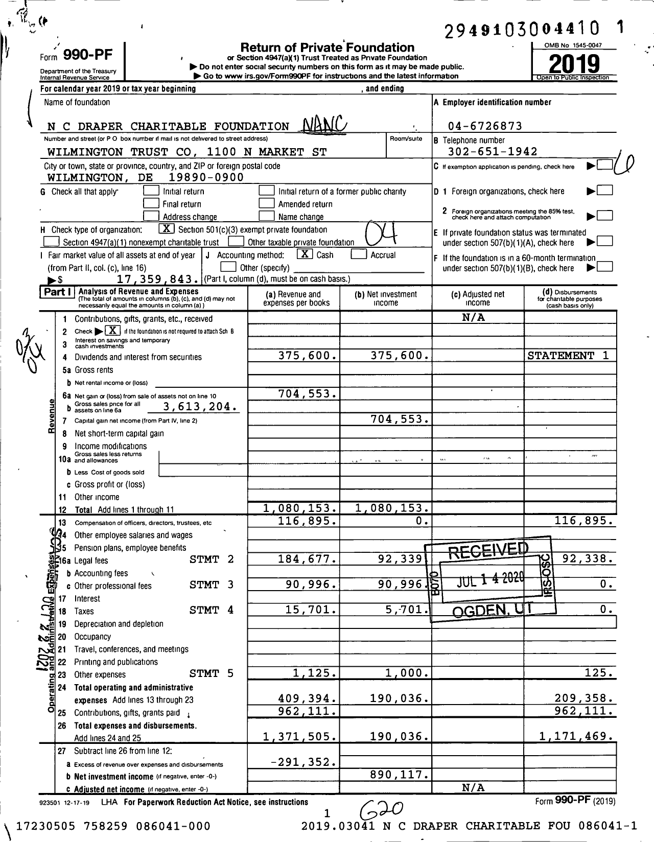 Image of first page of 2019 Form 990PF for Nancy-Carroll Draper Charitable Foundation