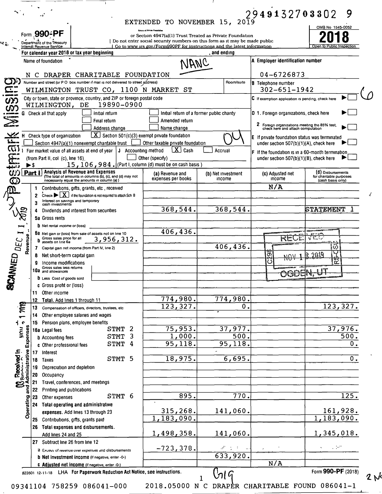 Image of first page of 2018 Form 990PF for Nancy-Carroll Draper Charitable Foundation
