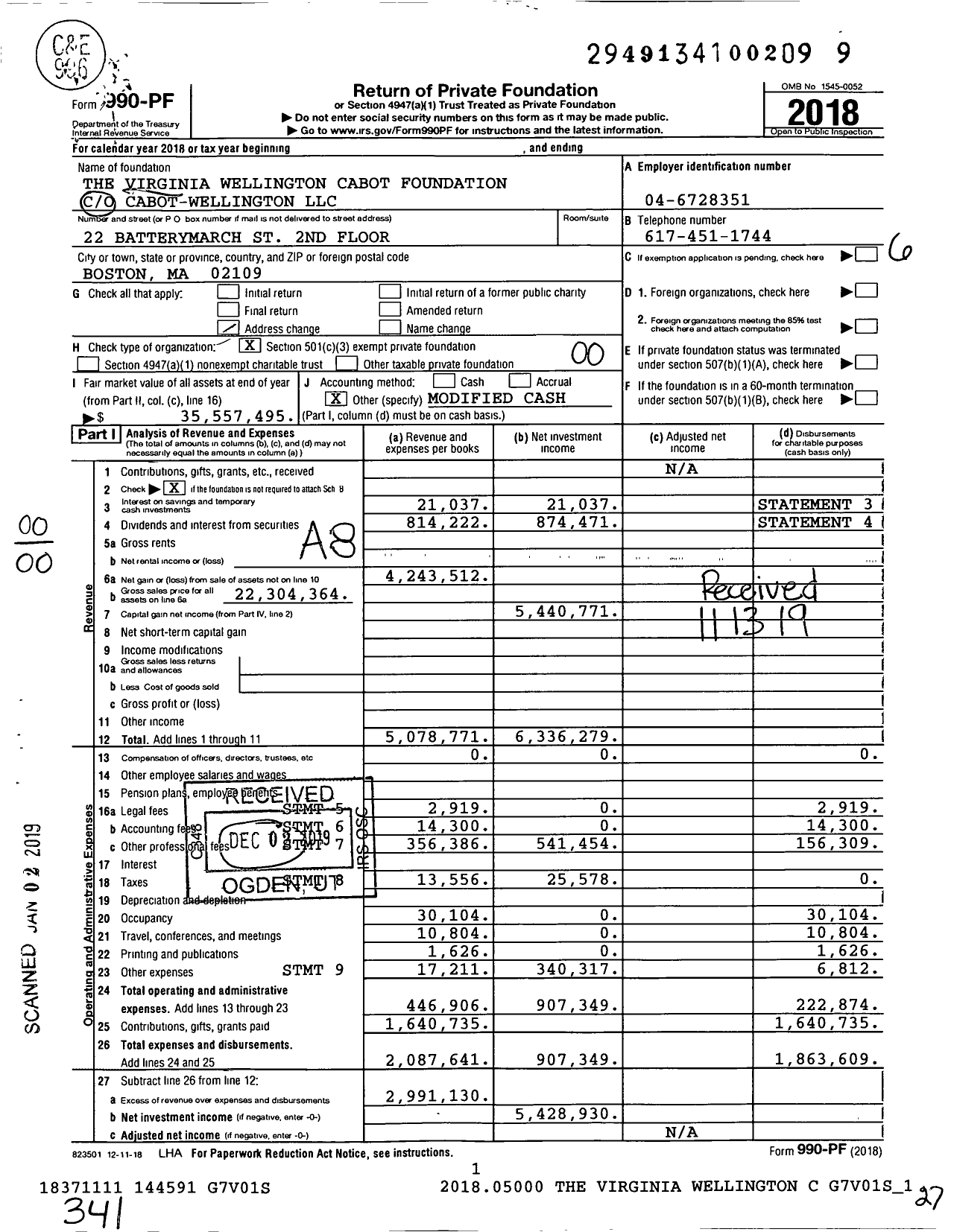 Image of first page of 2018 Form 990PF for The Virginia Wellington Cabot Foundation