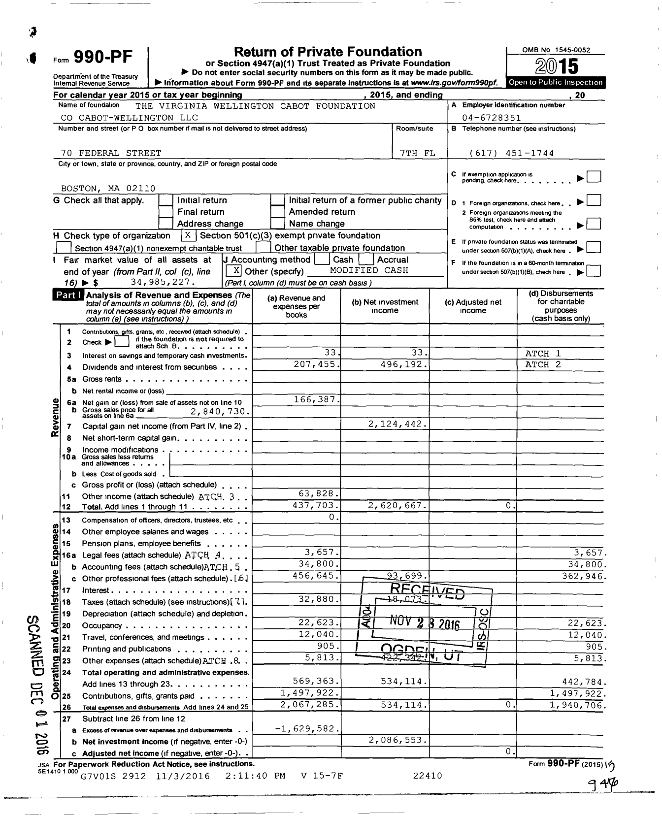 Image of first page of 2015 Form 990PF for The Virginia Wellington Cabot Foundation