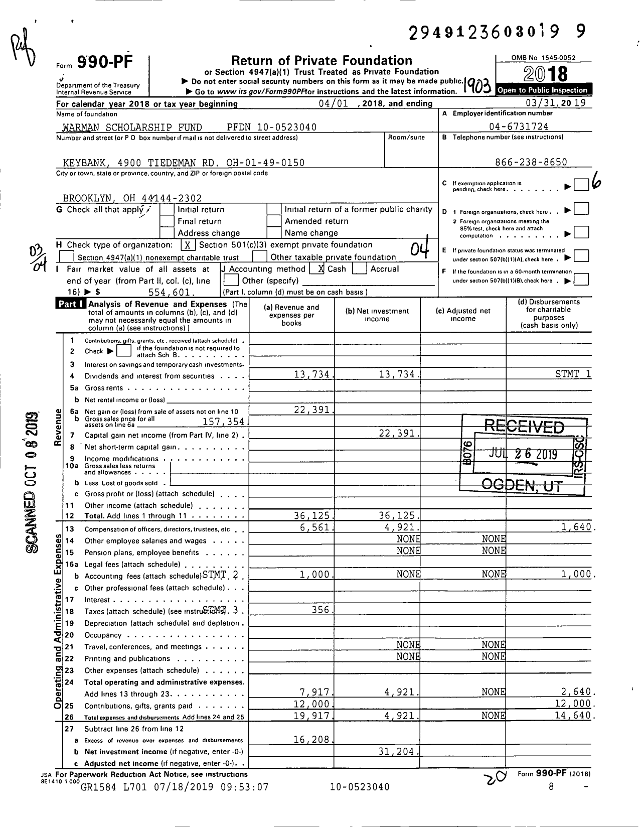 Image of first page of 2018 Form 990PF for Warman Scholarship Fund PFDN